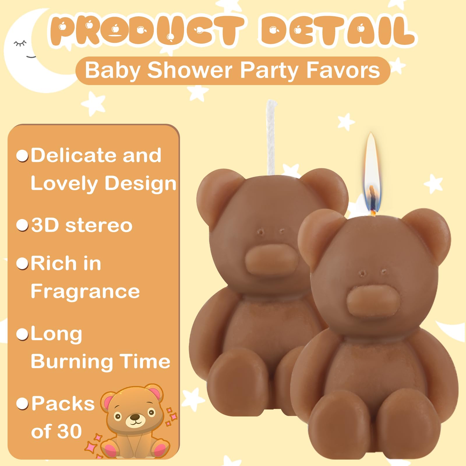 30 Pcs Baby Shower Favors Bear Candles Favors with 30 Boxes Bear Shaped Candles Handmade Mini Bear Candles Bulk for Baby Shower Boys Girls Wedding Gender Reveal Party Guest Gift (White, Brown)
