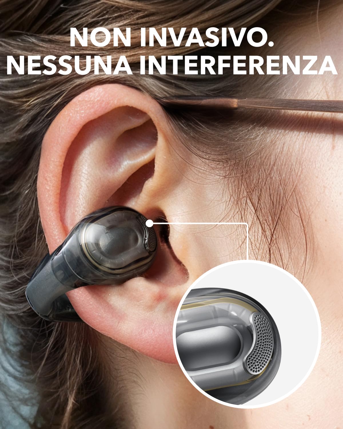 soundcore C40i di Anker, Auricolari open-ear, cuffie clip-on, design flessibile, controlli a pulsanti, comfort leggero, vestibilità stabile, supporti auricolari intercambiabili,driver con suono chiaro | Design flessibile, comandi a pulsante, comfort legge