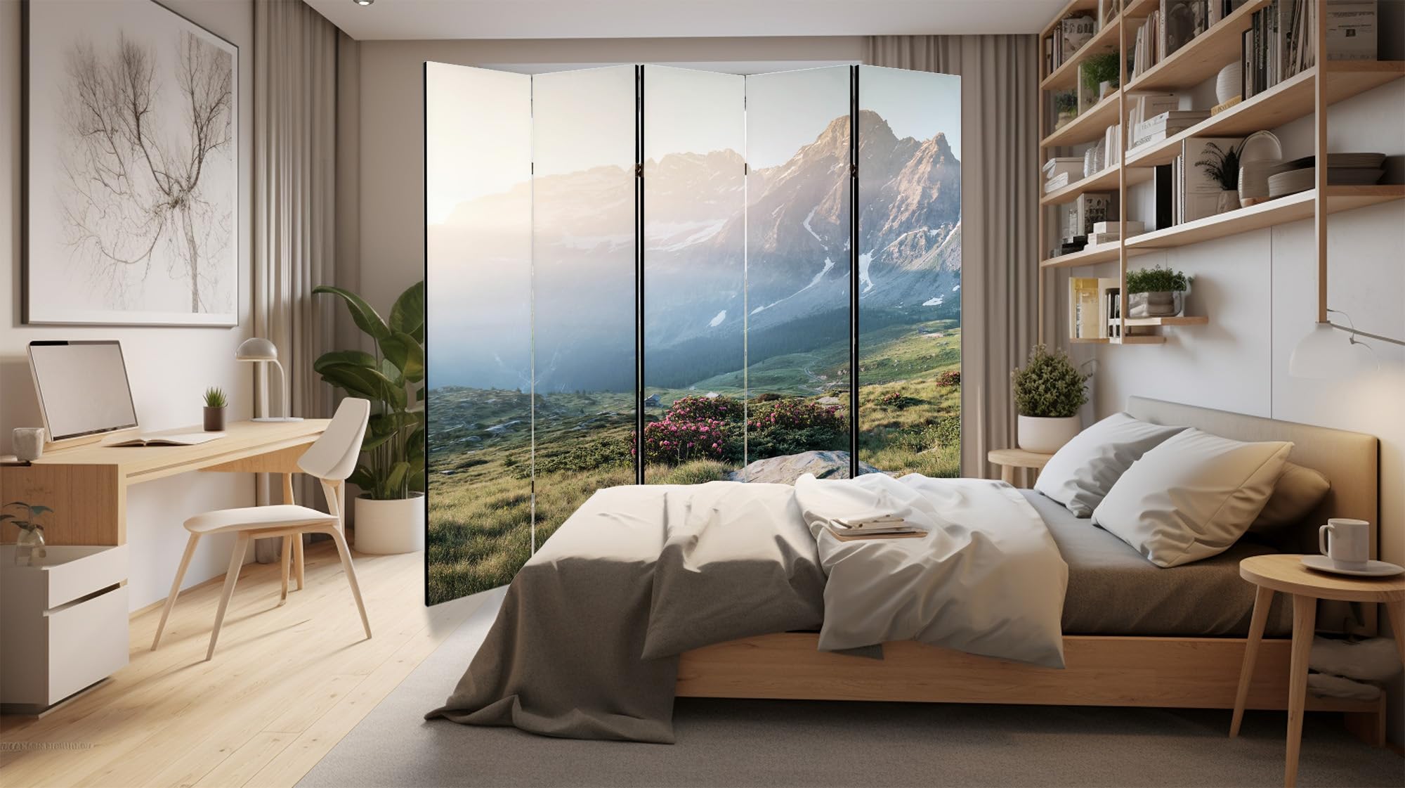 Paravent Raumteiler Holz 225x172 cm, 5-teilig beidseitig, Sichtschutzwand
