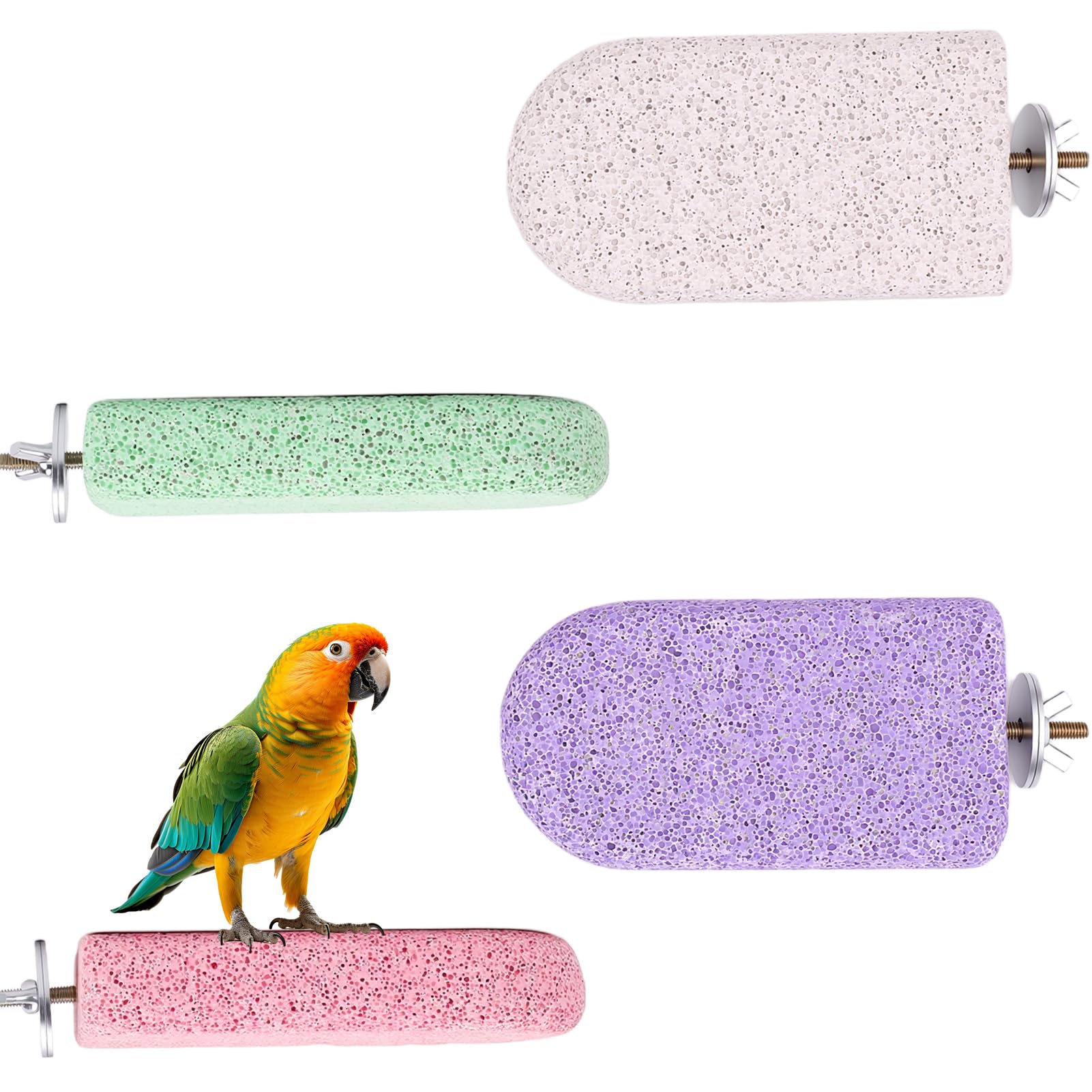 ESTEFY 4PCS Bird Beak Grinding Stones, Multicoloured Pumice Perches for Cage, Anti-Slip Claw Trimmer for Parrots Budgies Cockatiels, Includes 4 Ice Cream Shapes with Fixings (Large size)