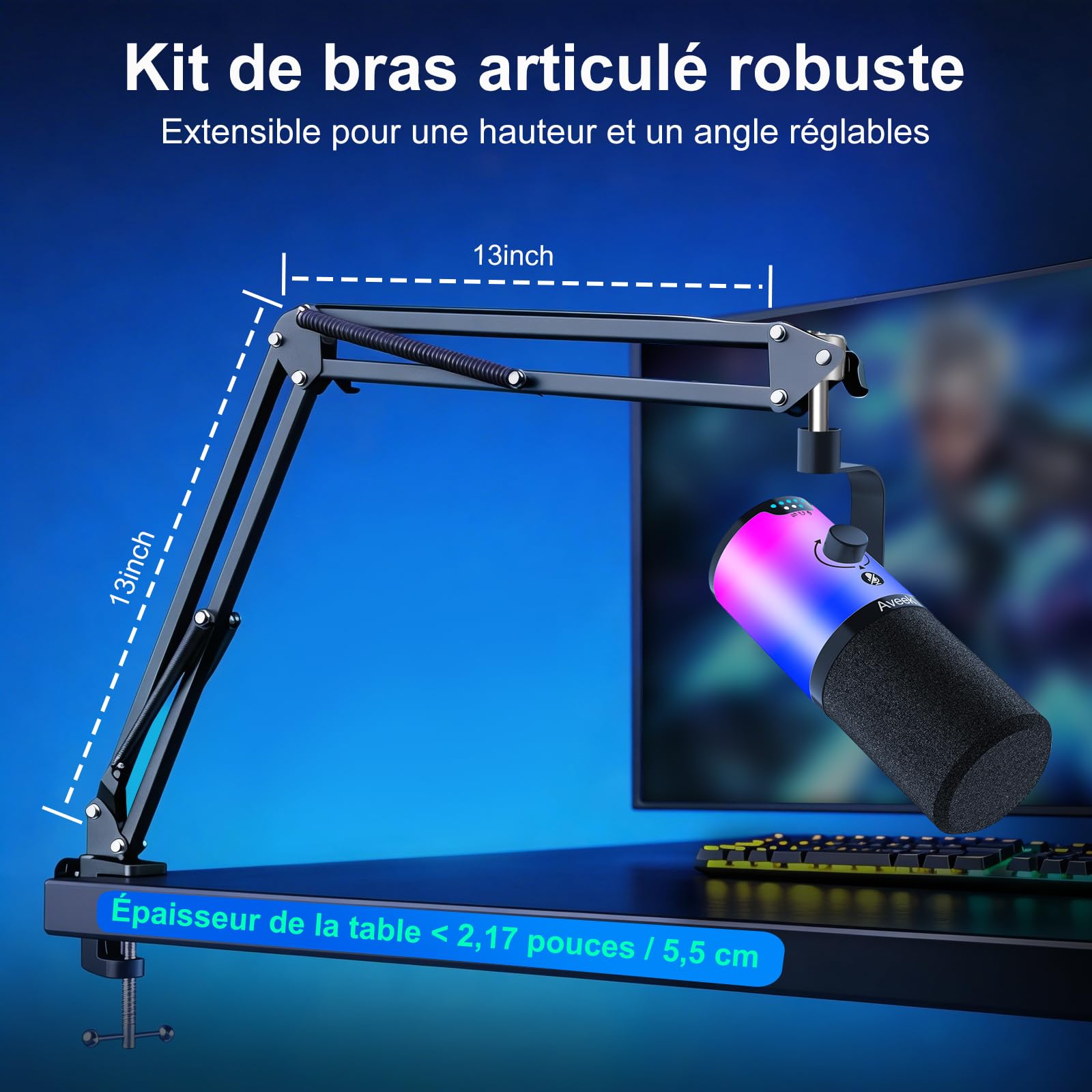 Aveek Microphone Dynamique USB/XLR avec Bras pour Gaming & Streaming