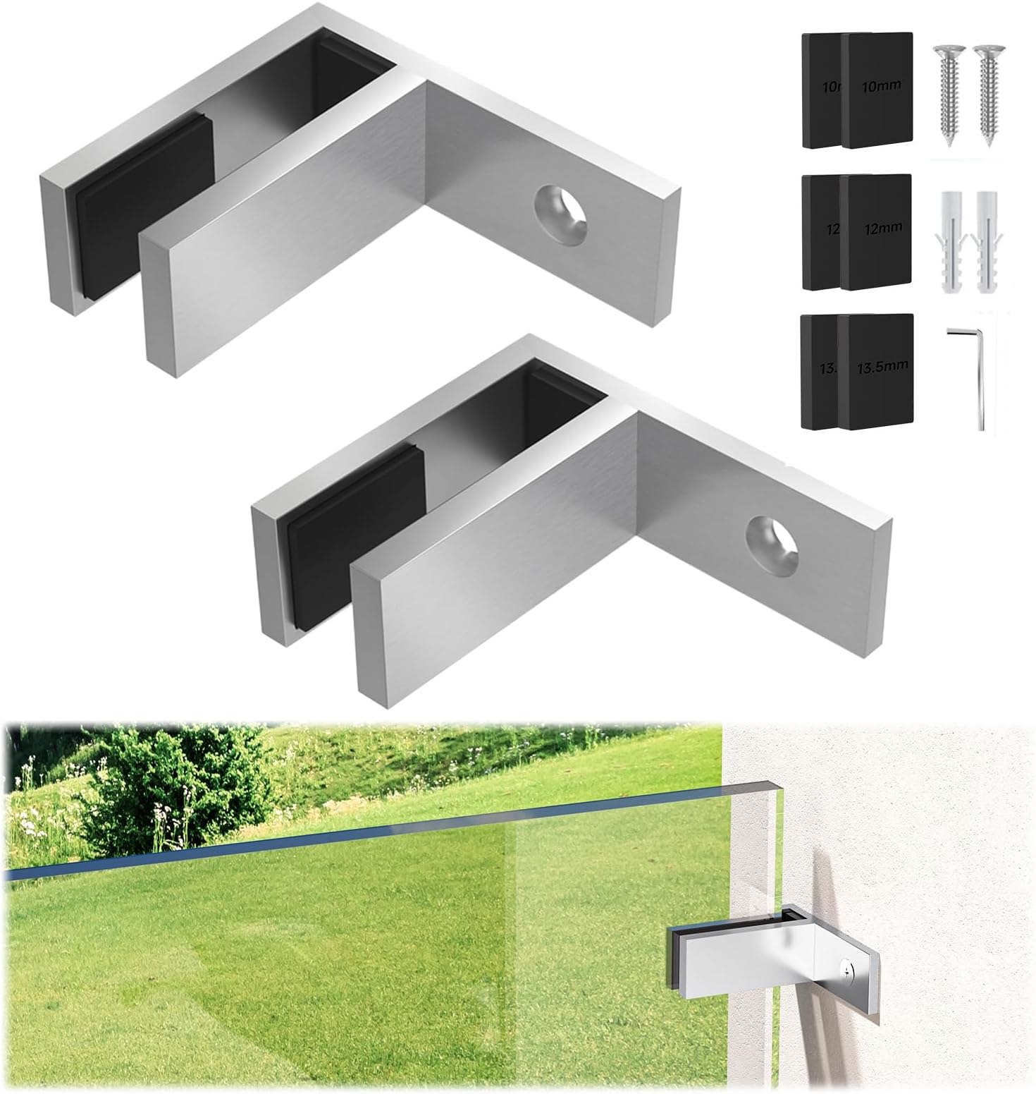 2PCS Railing Wall to Glass Clamp, Stainless Steel 304 Satin Finish F Shape Bracket Glass Clip Holder for Fence, Balustrade, Balcony Deck