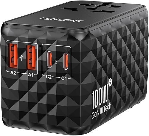 LENCENT Adaptador de viaje internacional de 100 W, adaptador de viaje universal GaN con 2 adaptadores de corriente USB-A y 2 tipos C, cargador