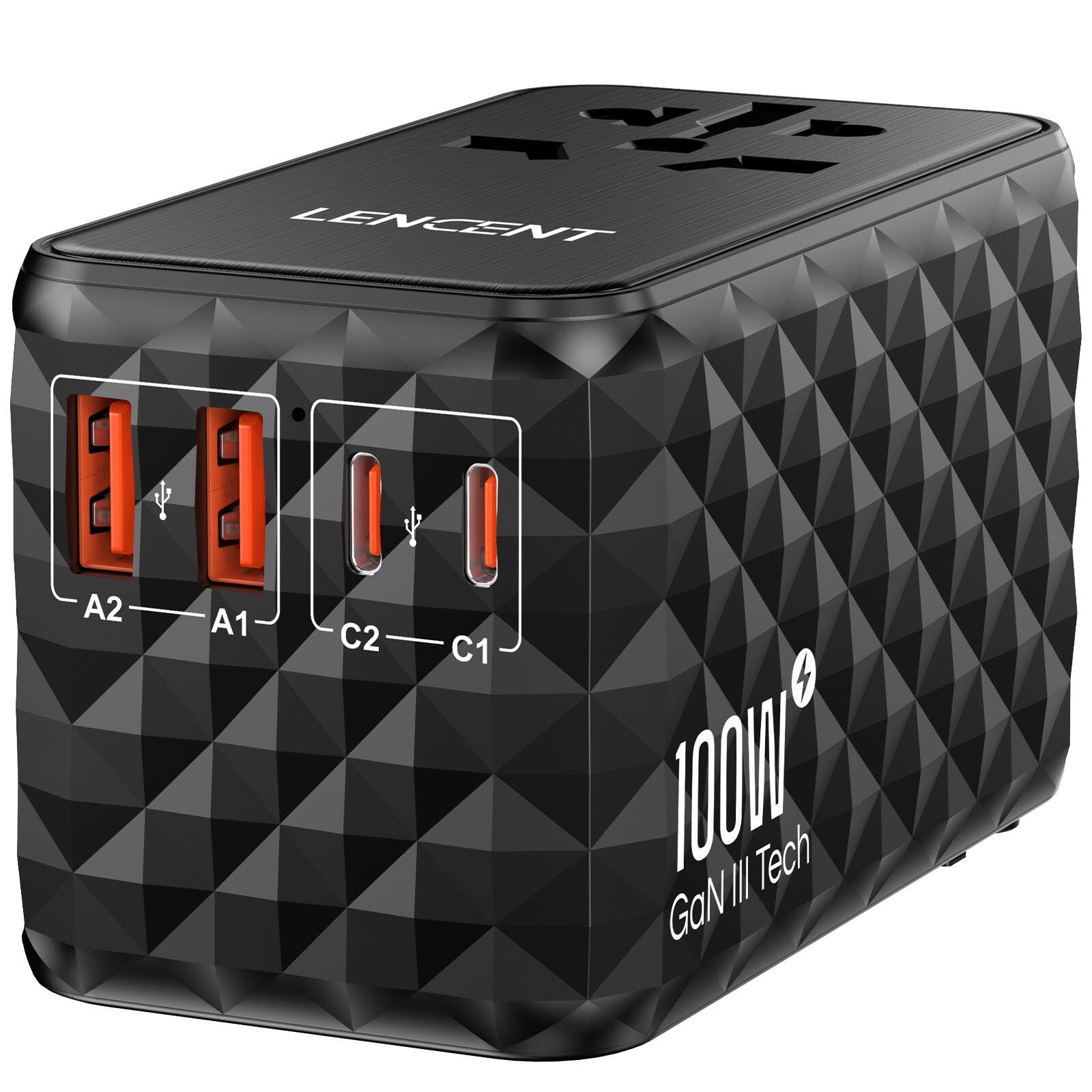 LENCENT 100W International Travel Plug Adapter, Universal Travel Adaptor with 2 USB-A & 2 USB-C Fast Charging, All-in-One Power Adapter for Mobile Phone, Laptops, Type A/C/G/I (USA/EU/UK/AUS), Black