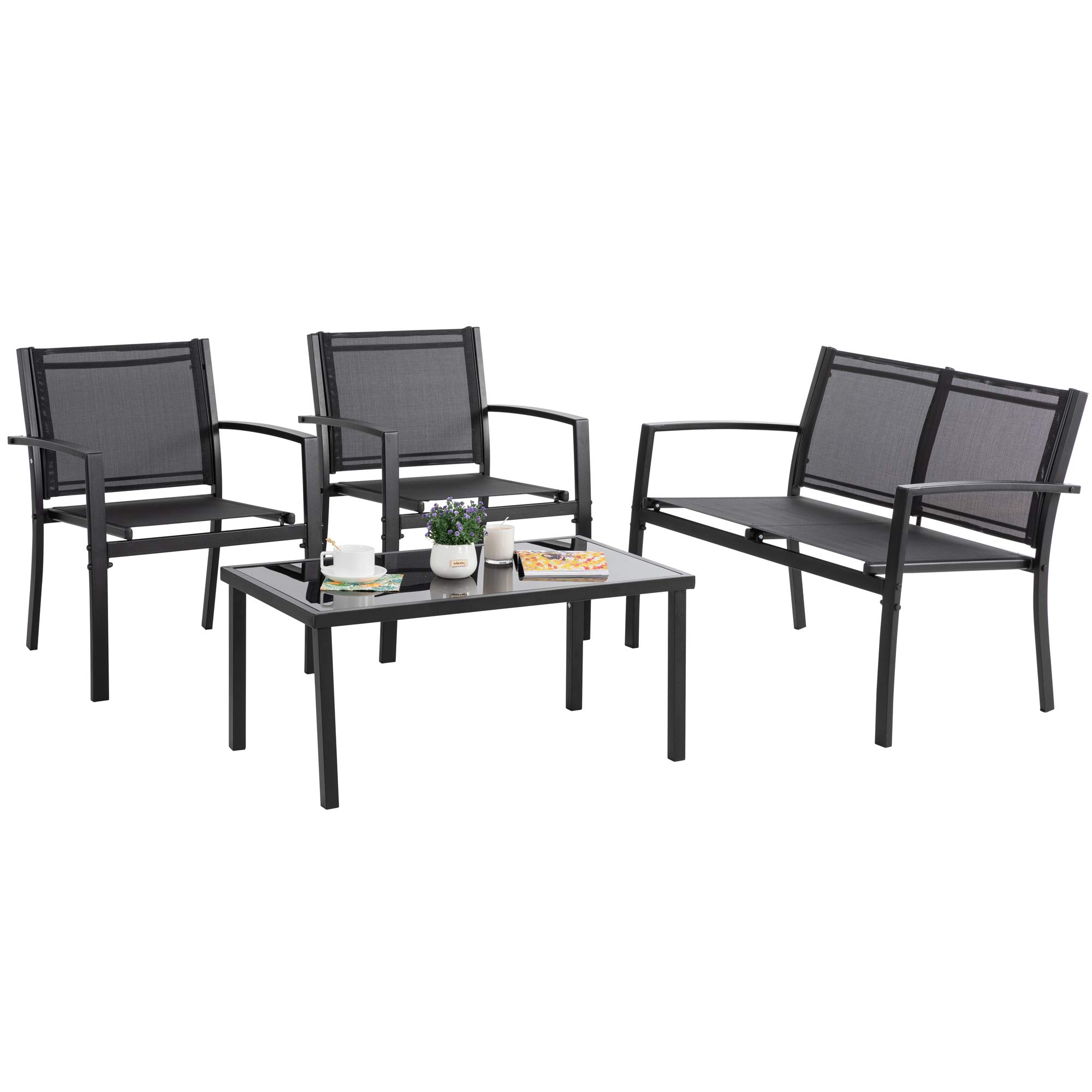 Vongrasig 4 Pieces Patio Furniture Sets, Outdoor Patio Conversation Sets with Glass Coffee Table for Garden, Backyard, Lawn, Poolside (Dark Grey)
