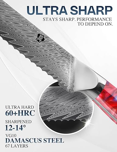 Miniatura 10 de WILDMOK Cuchillo de pan de acero dentado de Damasco, cuchillo de pan dentado de 8 pulgadas, mango ergonómico de resina de espiga completa, afilado y