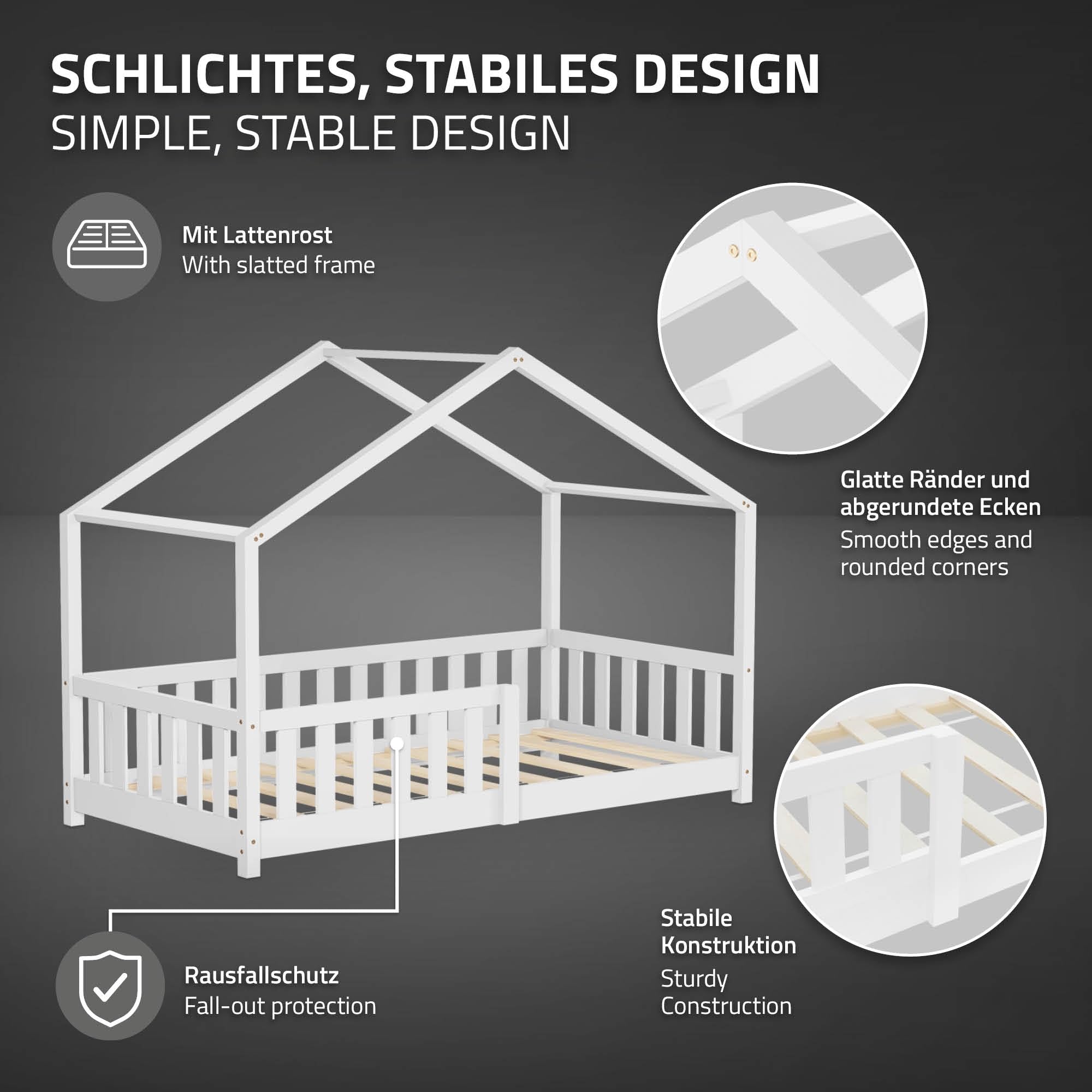 ML-Design Letto a Casetta per Bambini 80x160 cm Bianco in Legno Massello di Pino con Materasso Sponda di Sicurezza e Tetto, Lettino Montessori Basso a Terra per Bambine, Arredamento Cameretta