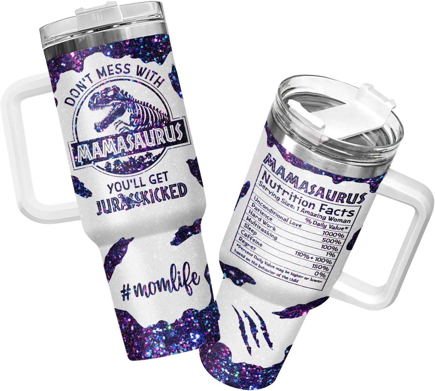 34HD Funny Dinosaur Tumbler 40oz Coffee Mug with Handle and Straw, Stainless Steel Insulated Travel Cup, T Rex Mom Gifts, Mothers Day Gifts