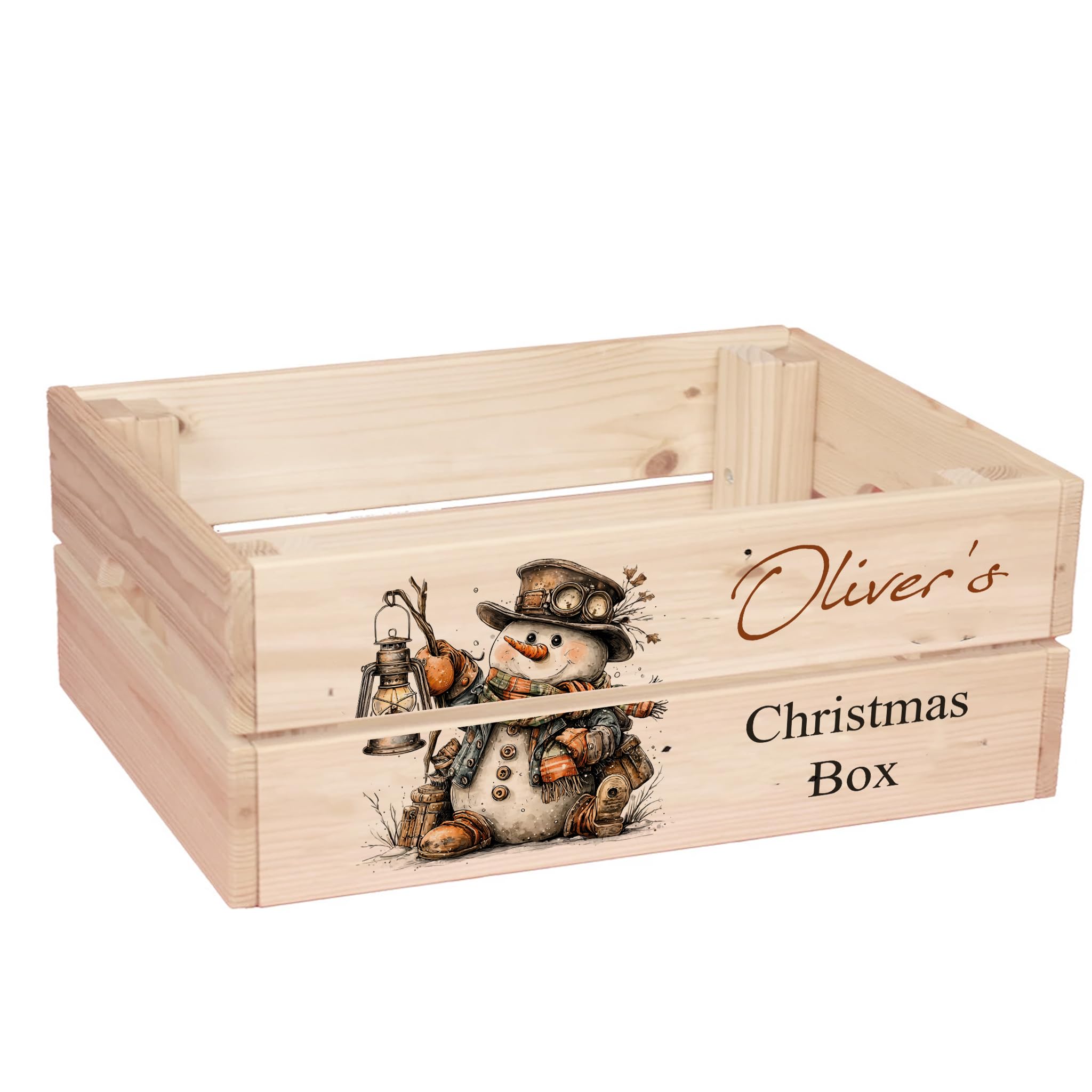 ukgiftstoreonline Personalised Christmas Eve Box with Santa, Trees, Reindeer, Snowman Designs, Wooden Storage Crate, 30.5 x 25 x 12 cm, Holiday Presentation Box with Side Handles (Snowman-2)