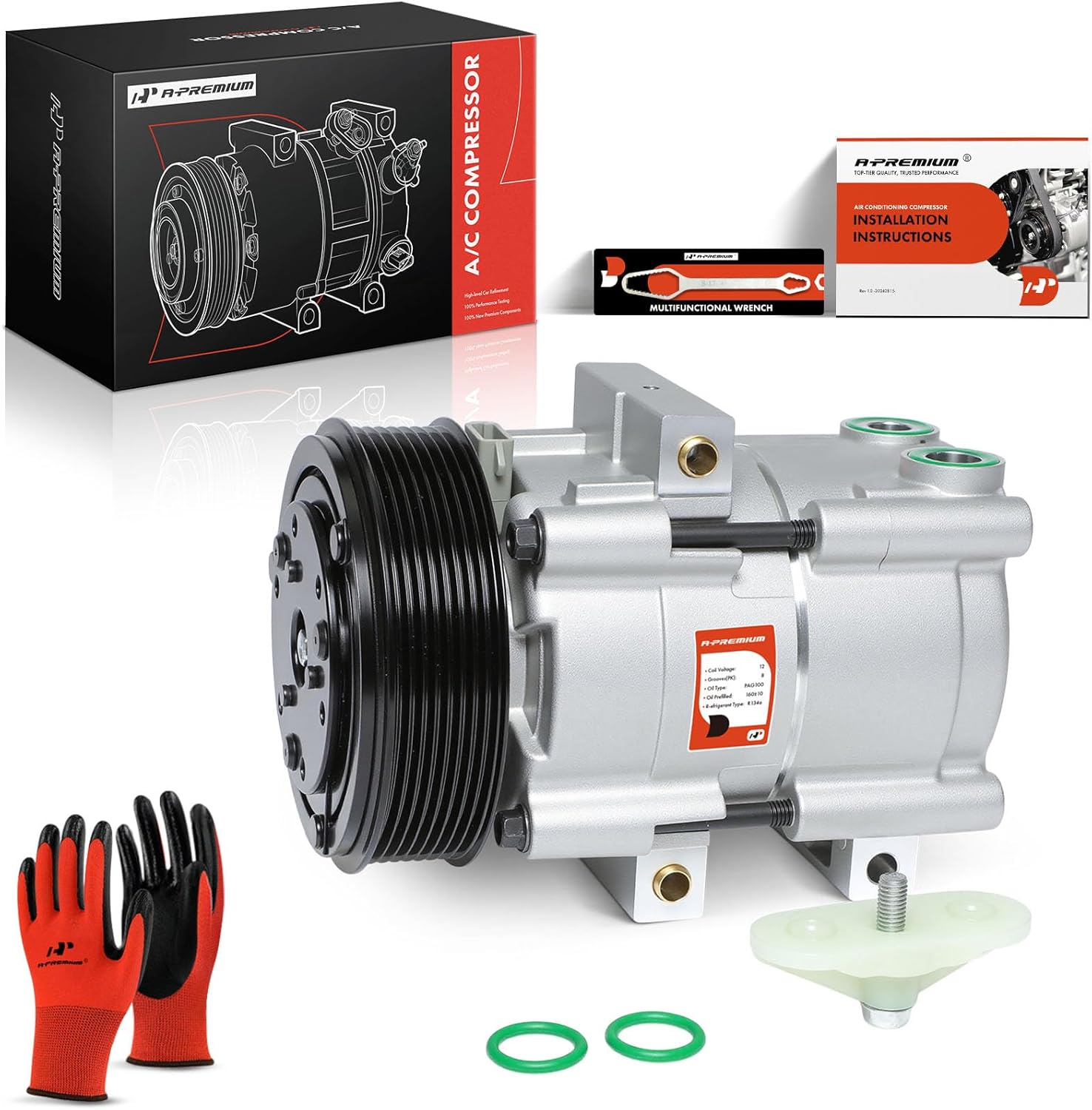 A-Premium AC Compressor with 8-Groove Pulley Compatible with Ford & Lincoln Vehicles - 4.6L, 5.4L, 6.0L, 6.8L - Excursion 2003-2005, F-150 1997-2001, F-250 350 450 550 (Super Duty) 1999-2007