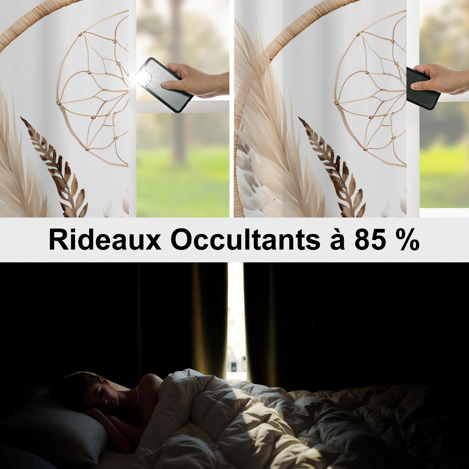 Rideau Occultant Motif Fleurs Brunes, Rideaux Blanc Marron 2 Pièces L 100 x H 240, Thermique Anti UV Tenture Opaque à Oeillets Bohême Decoration Chambre Maison Salon Intérieurs, A105