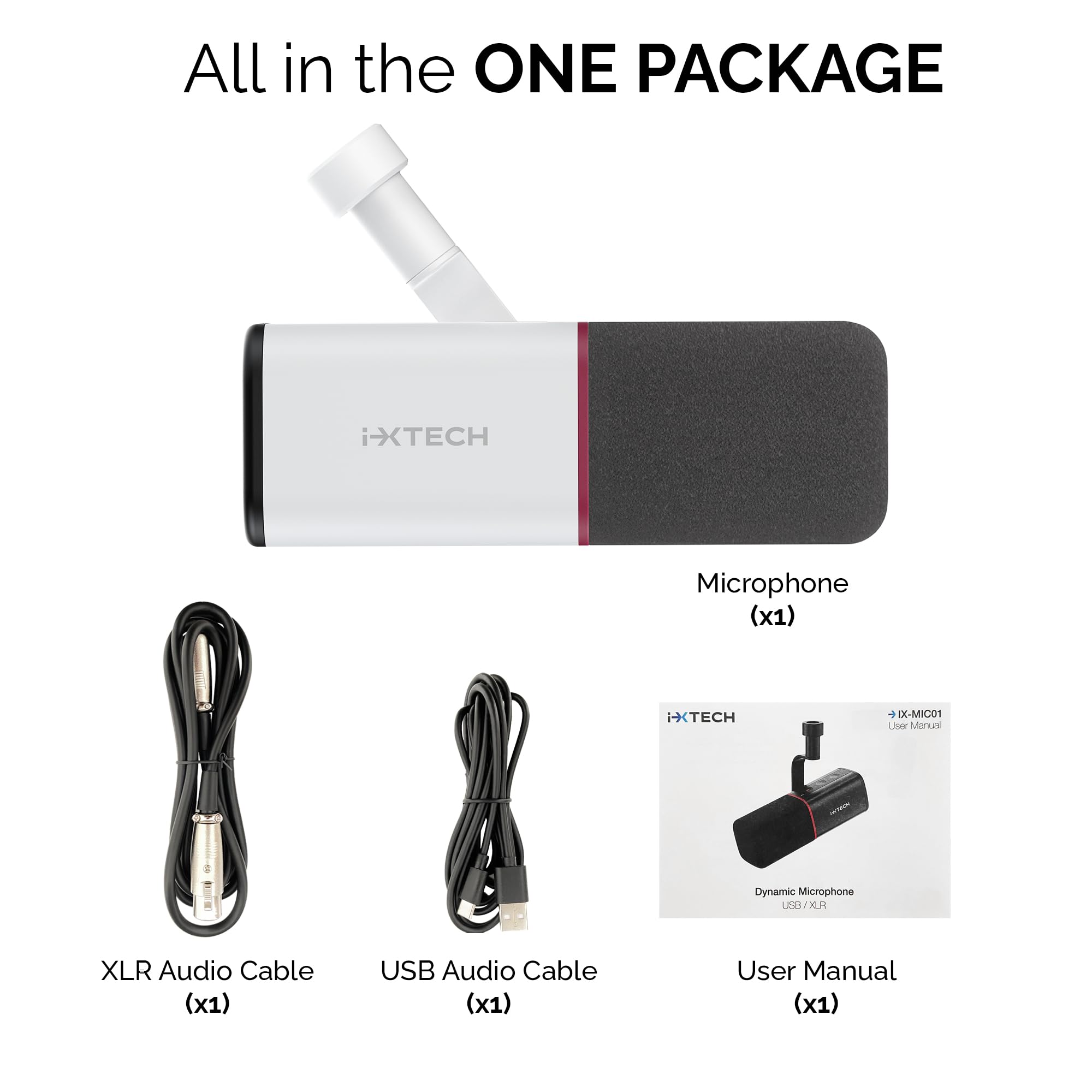 IXTECH Microfono dinamico cardioide con copertura per microfono, microfono vocale USB XLR per podcasting, streaming, registrazione, gioco e voice-over (bianco)