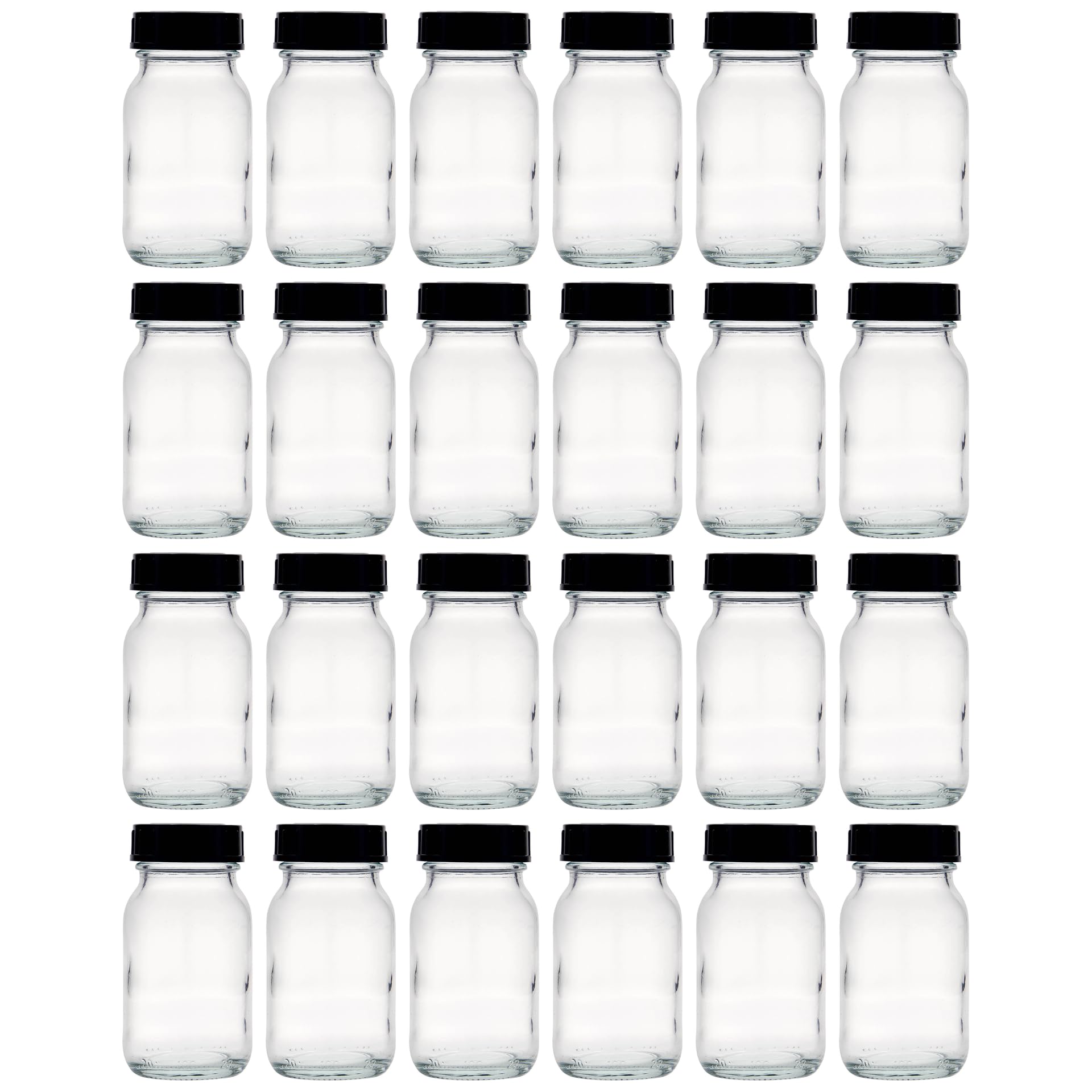 Set di 24 barattoli a collo largo da 100 ml in vetro trasparente con tappo a vite nero