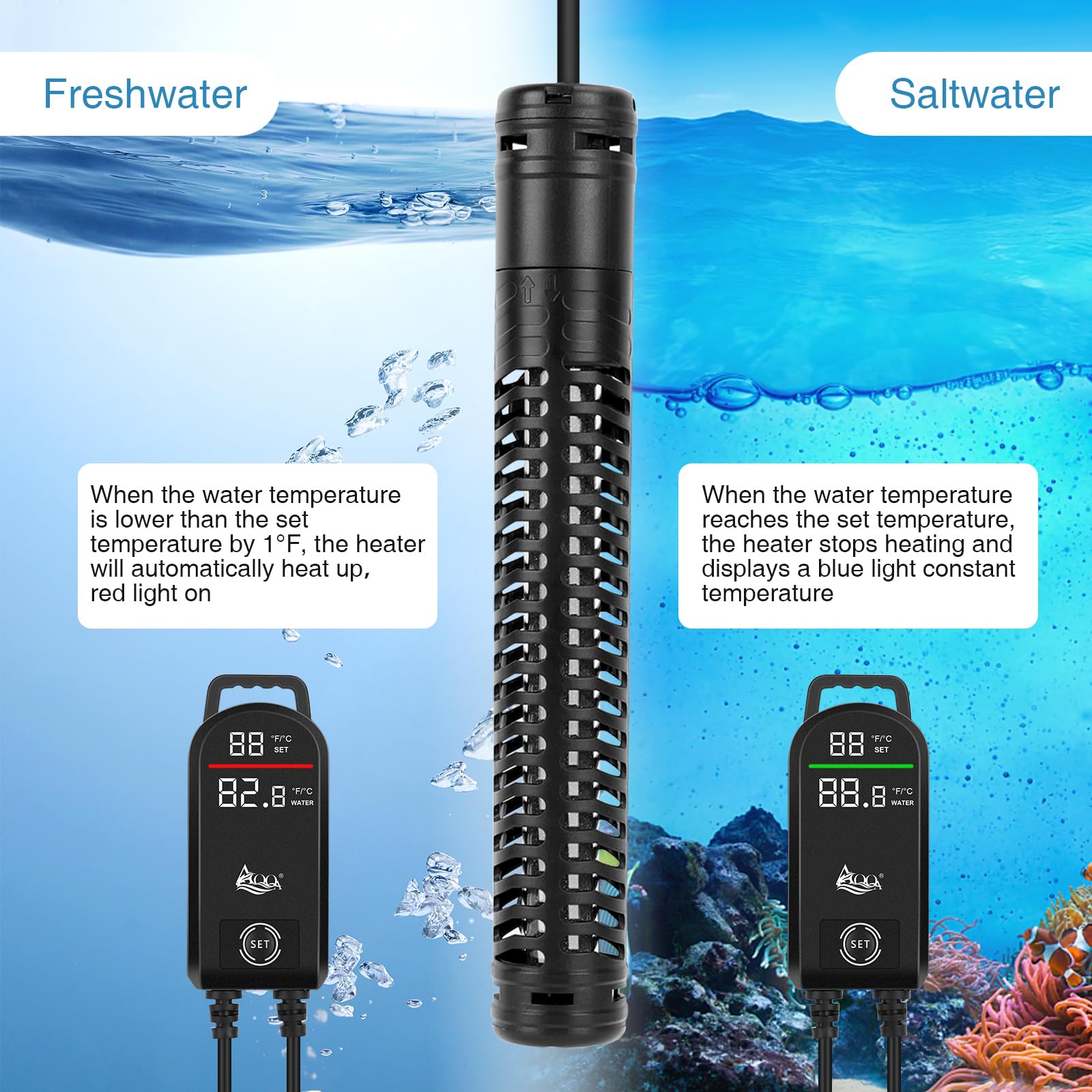 AQQA Aquarium Heizung, 300W/500W/800W/1000W/1200W Tauchheizung für Aquarien mit LED-Digitalanzeige & Übertemperaturschutz, für Salz- und Süßwasser Aquarium Fischbecken