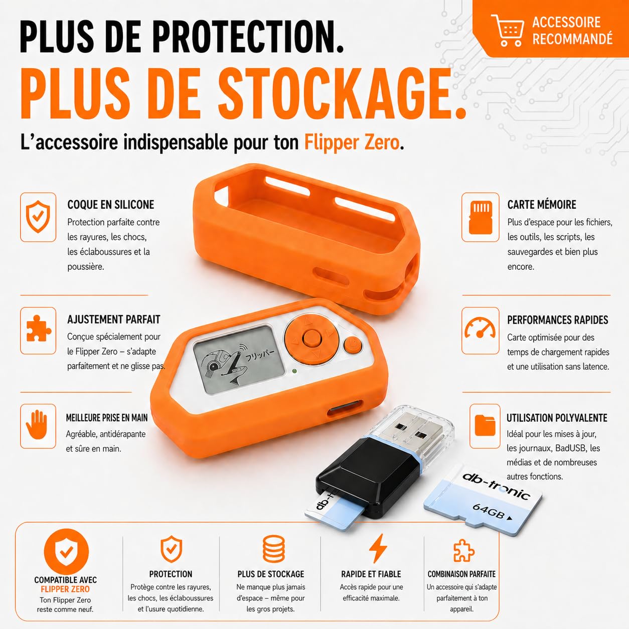 Flipper Zero Starter Kit Complet | Flipper Zero | Carte WiFi | Coque en Silicone | Carte mémoire de 64 Go | Lecteur de Carte USB