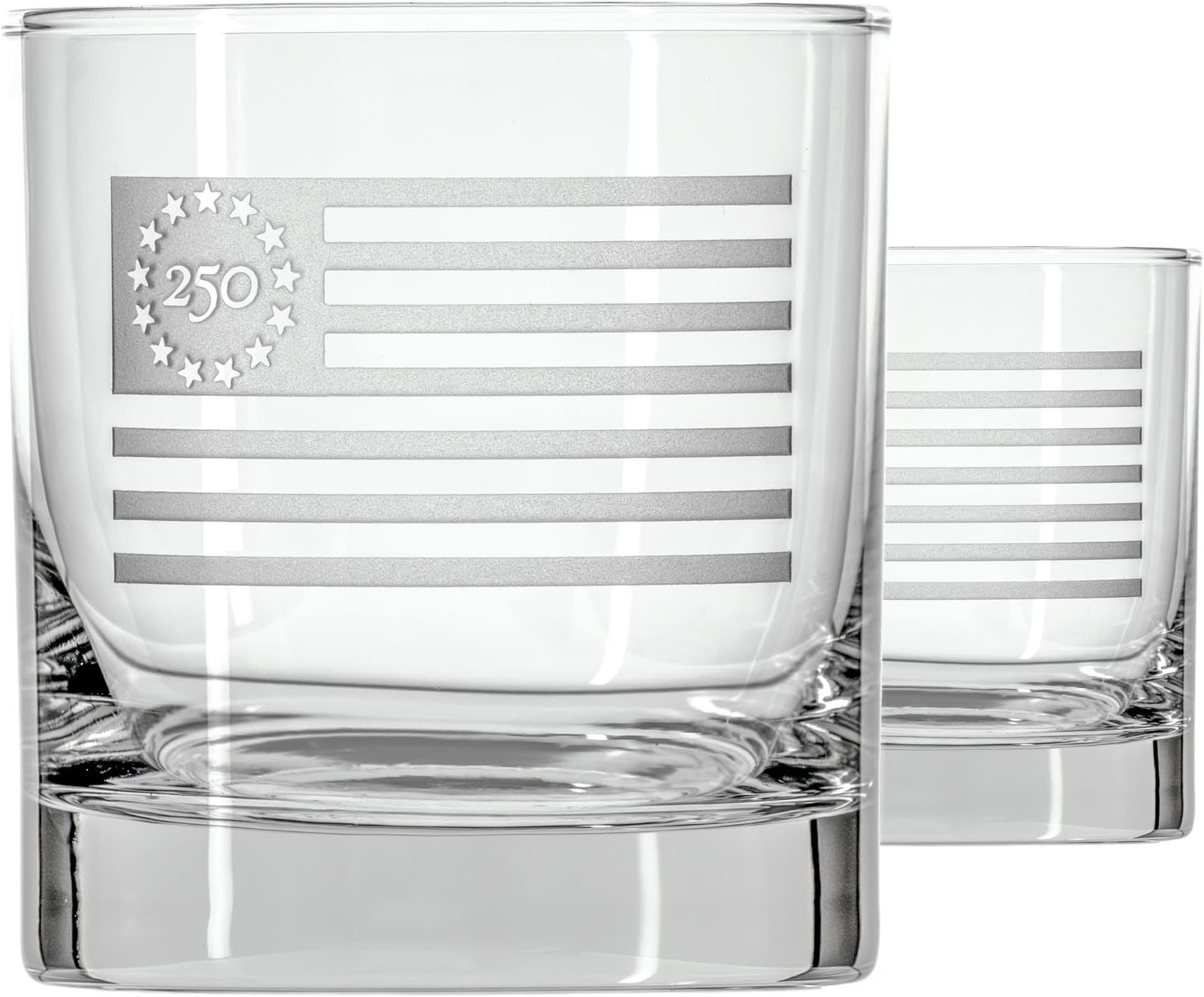 Rolf Glass America250™ Betsy Ross Flag On the Rocks Glass | 10oz Whiskey Glass | Made in America | Deep Engraved 13-Star Flag | Officially Licensed America250™ Product | Set of 2