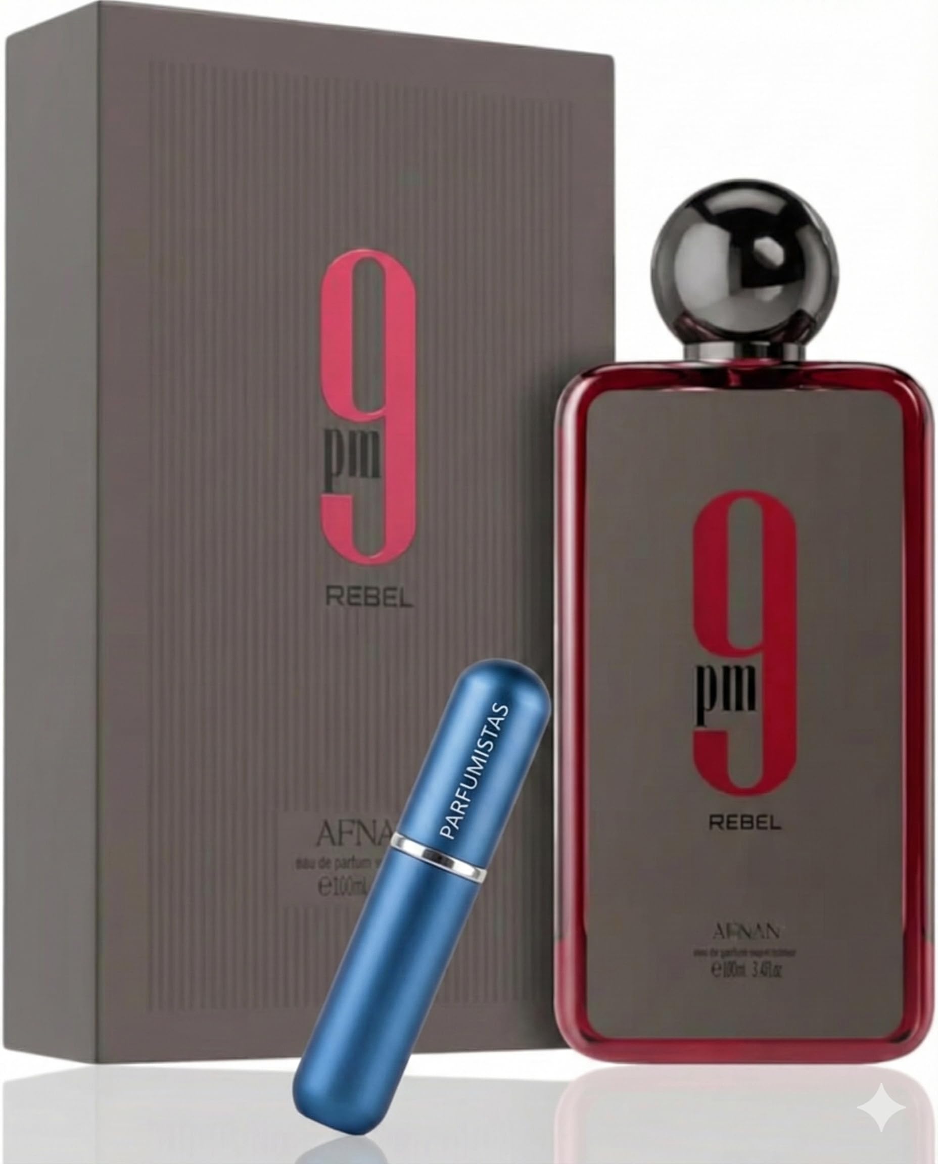 Perfume 9PM Rebel Eau de Parfum 100ML, Perfume Árabe Hombre de Larga Duración, Incluye Atomizador Recargable 5ML PARFUMISTAS, Fragancia Dulce Frutal con Notas de Manzana, Canela y Vainilla (9pm Rebel)
