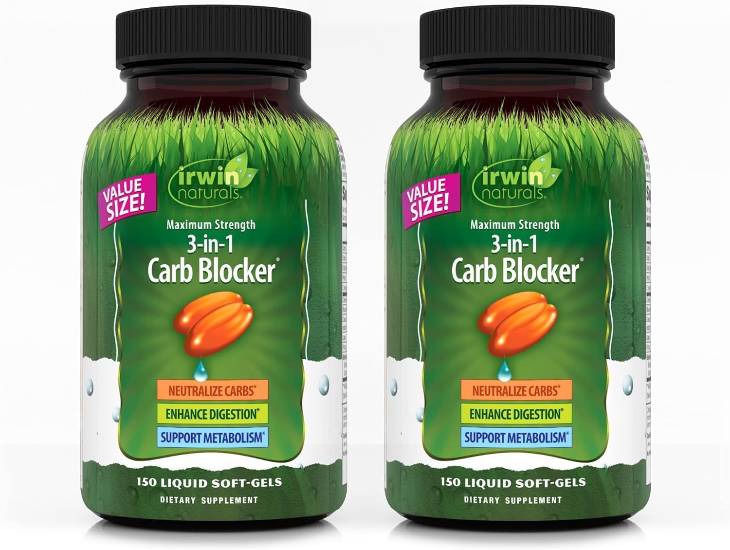 Irwin Naturals Maximum Strength 3-in-1 Carb Blocker - Neutralize Carbohydrates, Aids Digestion and Metabolism Booster - White Kidney Bean Extract + Chromium + Enzyme Blend - 150 Soft-Gels - 2 Pack