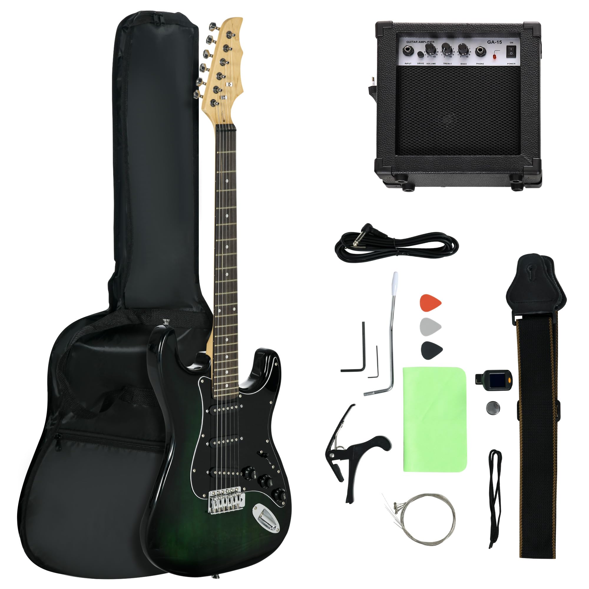Sportnow Unisex Black Six-String Electric Guitar W/ 15W Amp, Digital Turner, Picks, Bag In