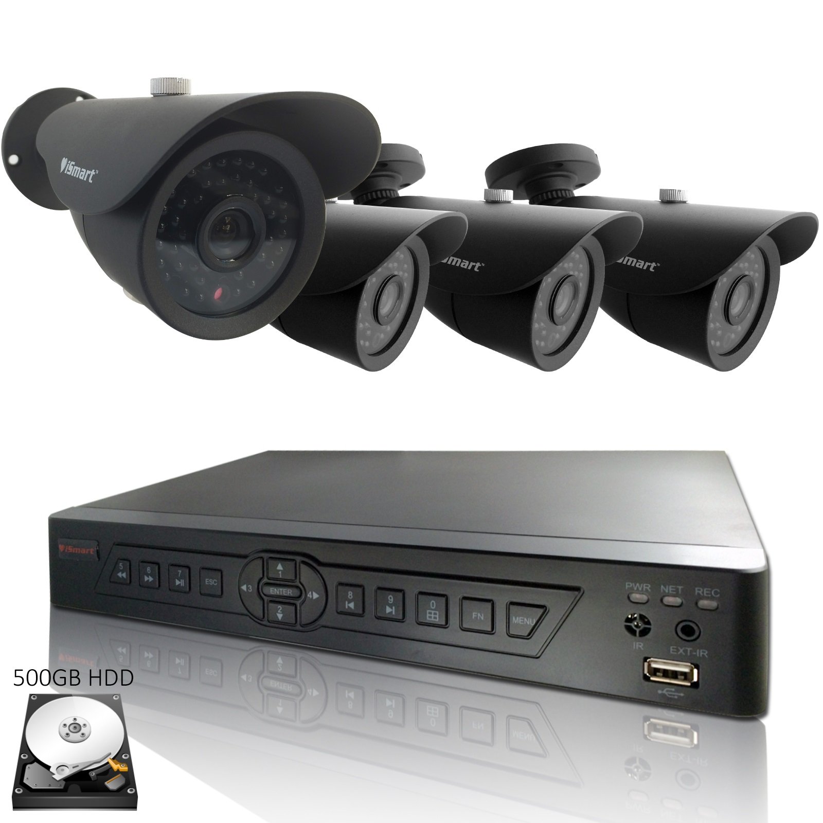 iSmart 8 Channel H.264 CCTV Security Surveillance HDMI Motion Recording DVR with 500GB HDD and 4 Bullet Cameras with 700TVL Outdoor Weatherproof IR Night Vision (IDA6108D + 500GB + 4ICA1010BB7)