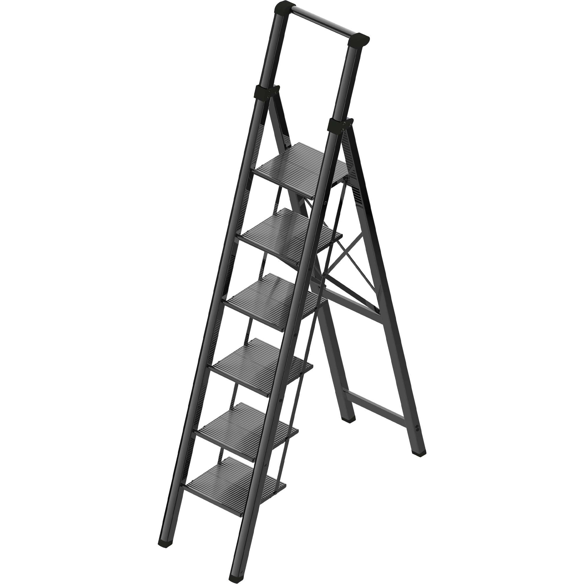 6 Step Ladder, Portable Step Ladder with Handrails, Folding Step Stool for Adult, Aluminum Step Ladder for Closet, Kitchen, Outdoor, 330LBS - Black