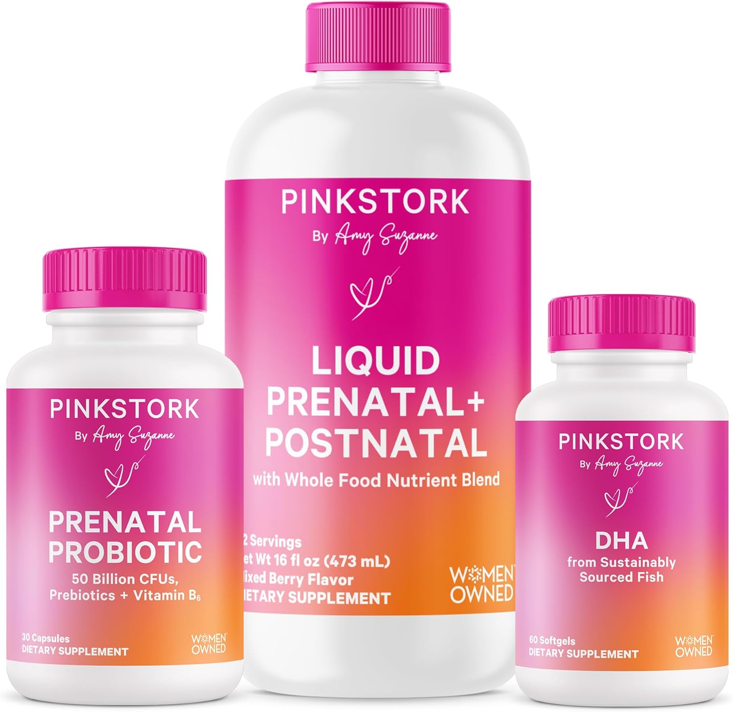 Pink Stork Liquid Prenatal Vitamin Bundle: Liquid Prenatal Vitamin with DHA and Folic Acid + Pro + DHA, Prenatal Probiotics for Women, Women-Owned
