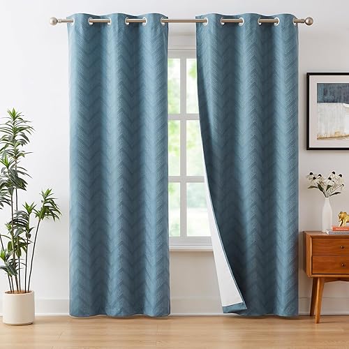 Cortinas opacas azules para ventana de dormitorio, 84 pulgadas de largo, patrón geométrico con aislamiento térmico, paneles de cortina de eficiencia