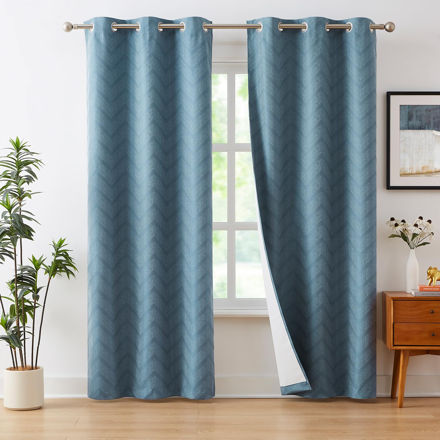 Blue Full Blackout Window Curtains for Bedroom 84inch Long Geometric Pattern Thermal Insulated Energy Efficient Curtain Panels with White Backing for