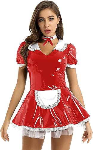 Vestido de sirvienta de látex francés de manga corta para mujer, disfraz de cosplay con delantal