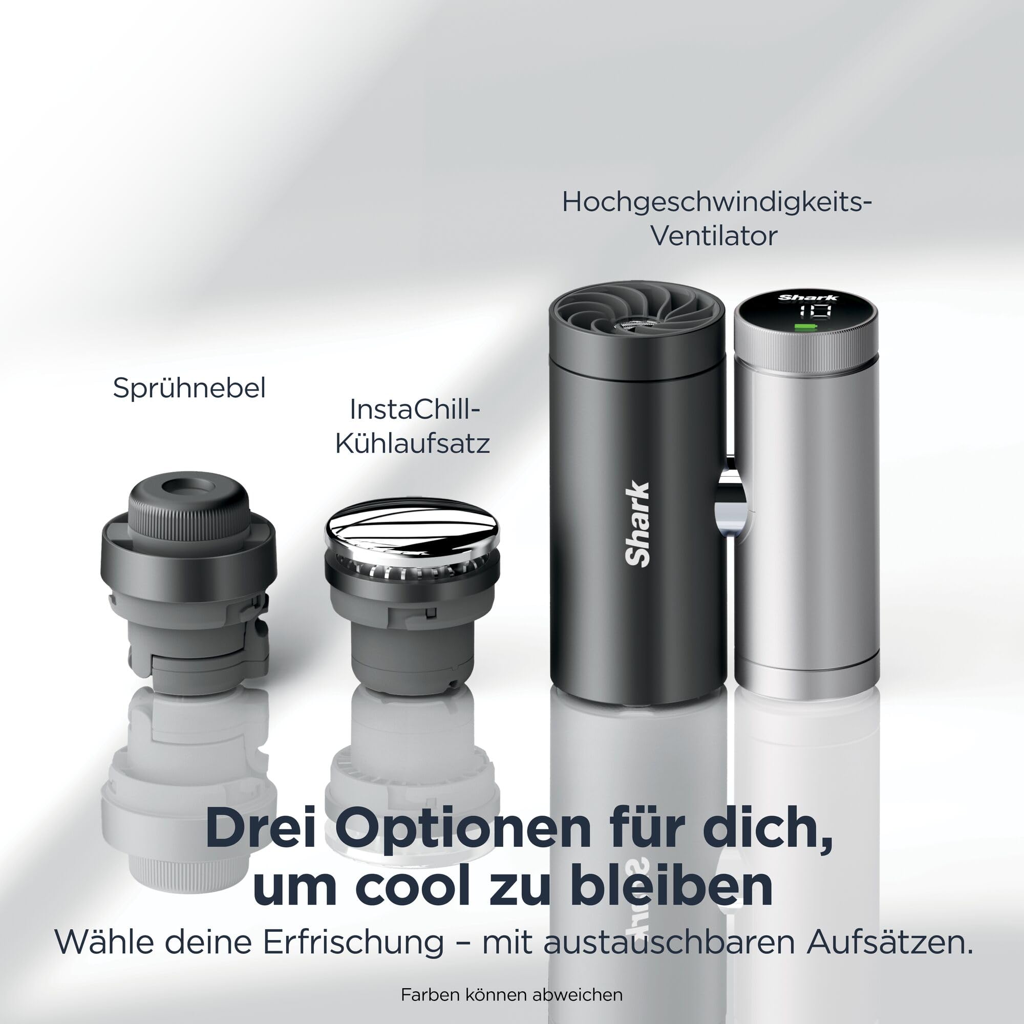 Shark ChillPill 3-in-1-Hochgeschwindigkeits-Handventilator-, Sprühnebel- und InstaChill-System, mit 3 Kühlaufsätzen, reisefreundliches Design, Dragon Fruit FA022EUPK