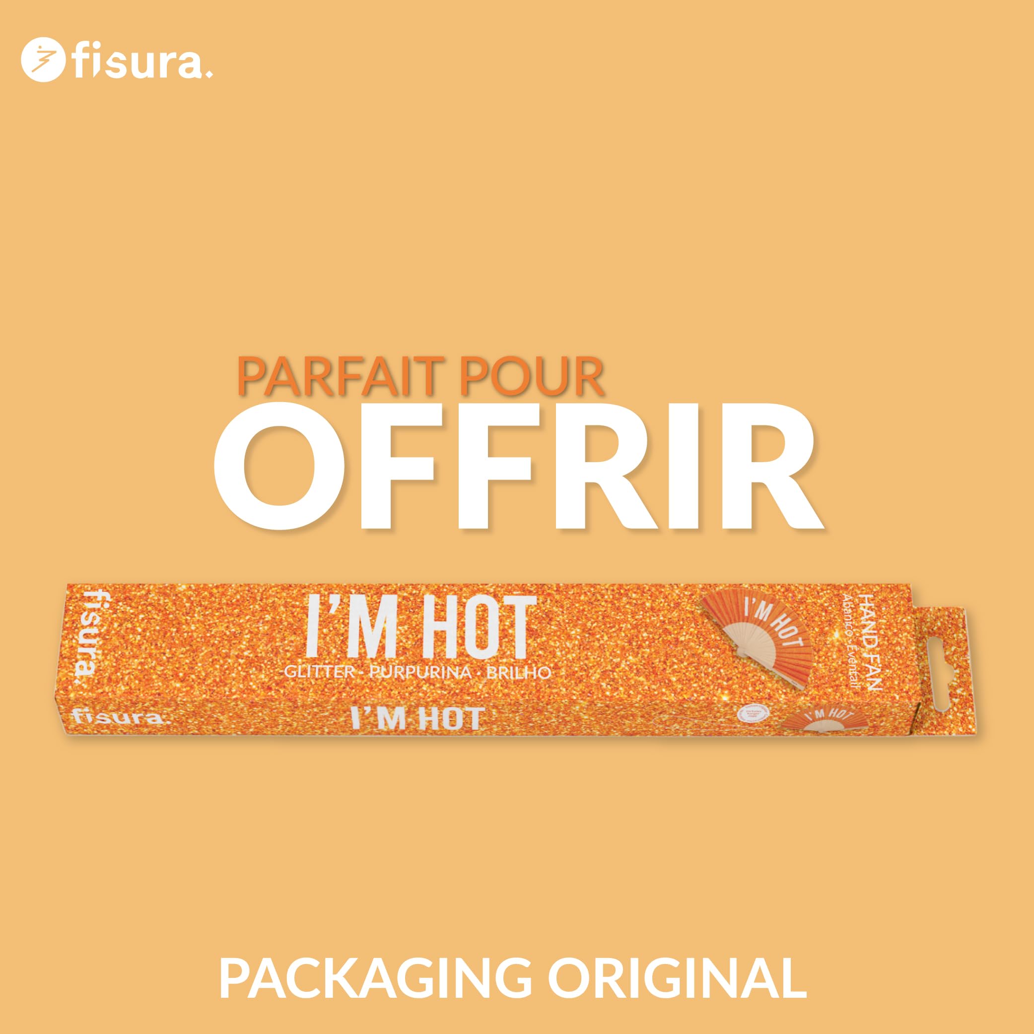 Éventail Original I'm Hot en Bois Moderne Orange Pailleté 42,5 x 23 cm