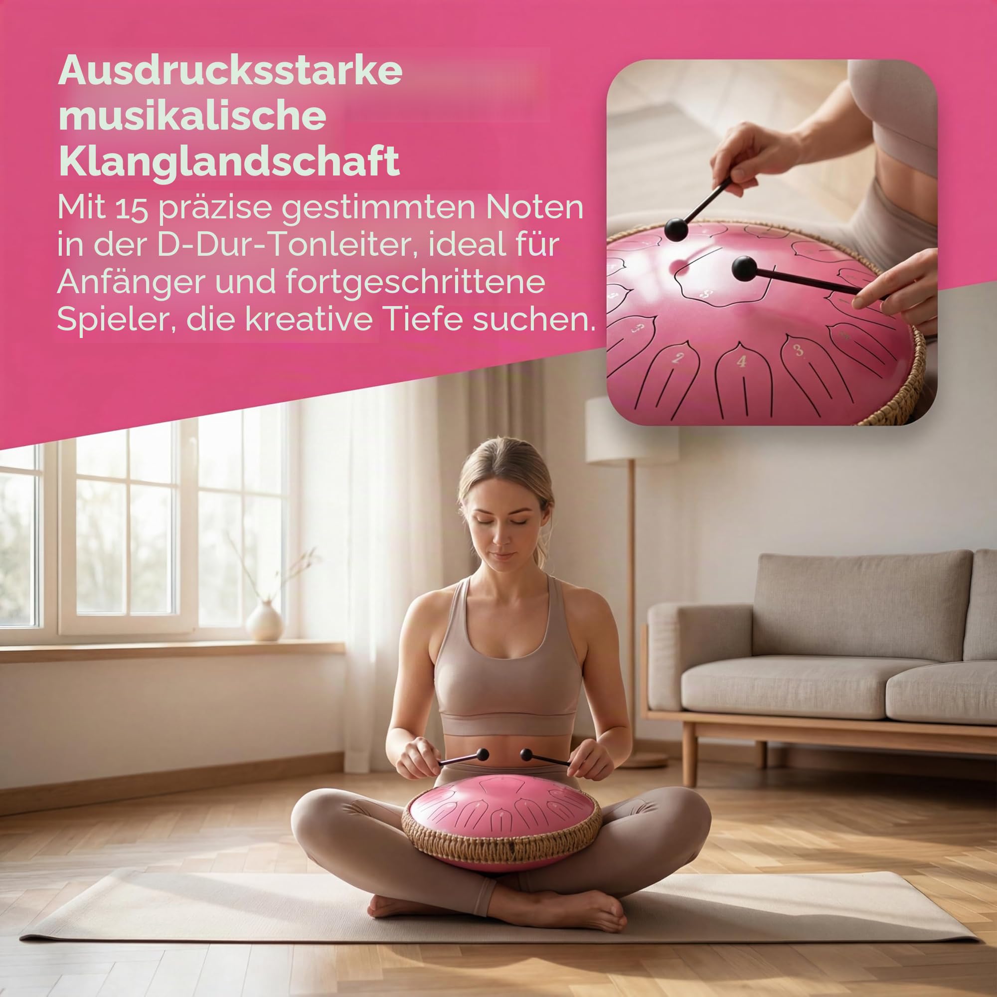 Musfunny Zungentrommel Handpan Steel Tongue Drum: 12 Zoll 15 Tone Stahlzungentrommel D-Dur Handpan Instrument mit Musikbuch Tragetasche für Geburtstagsgeschenk Meditation Yoga (Rosa)