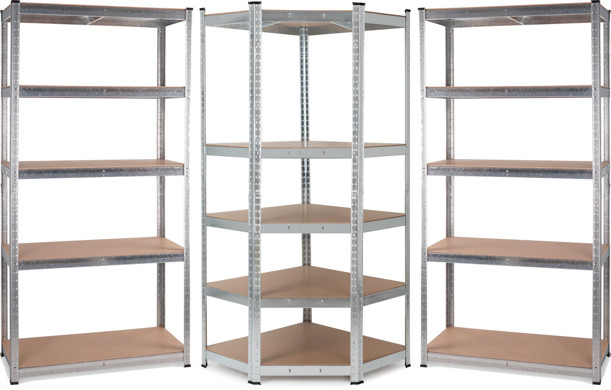 Stagecaptain Heavyrack Set Scaffale Angolare Esteso: 2 scaffali dritti + 1 angolare, 5 ripiani variabili, carico max 175 kg/ripiano, zincato, colore argento.