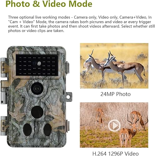 Miniatura 7 de Paquete de 4 cámaras de vida silvestre 32MP 1296P H.264 Video 0.1s velocidad de disparo con visión nocturna de 100 pies activado por movimiento IP66