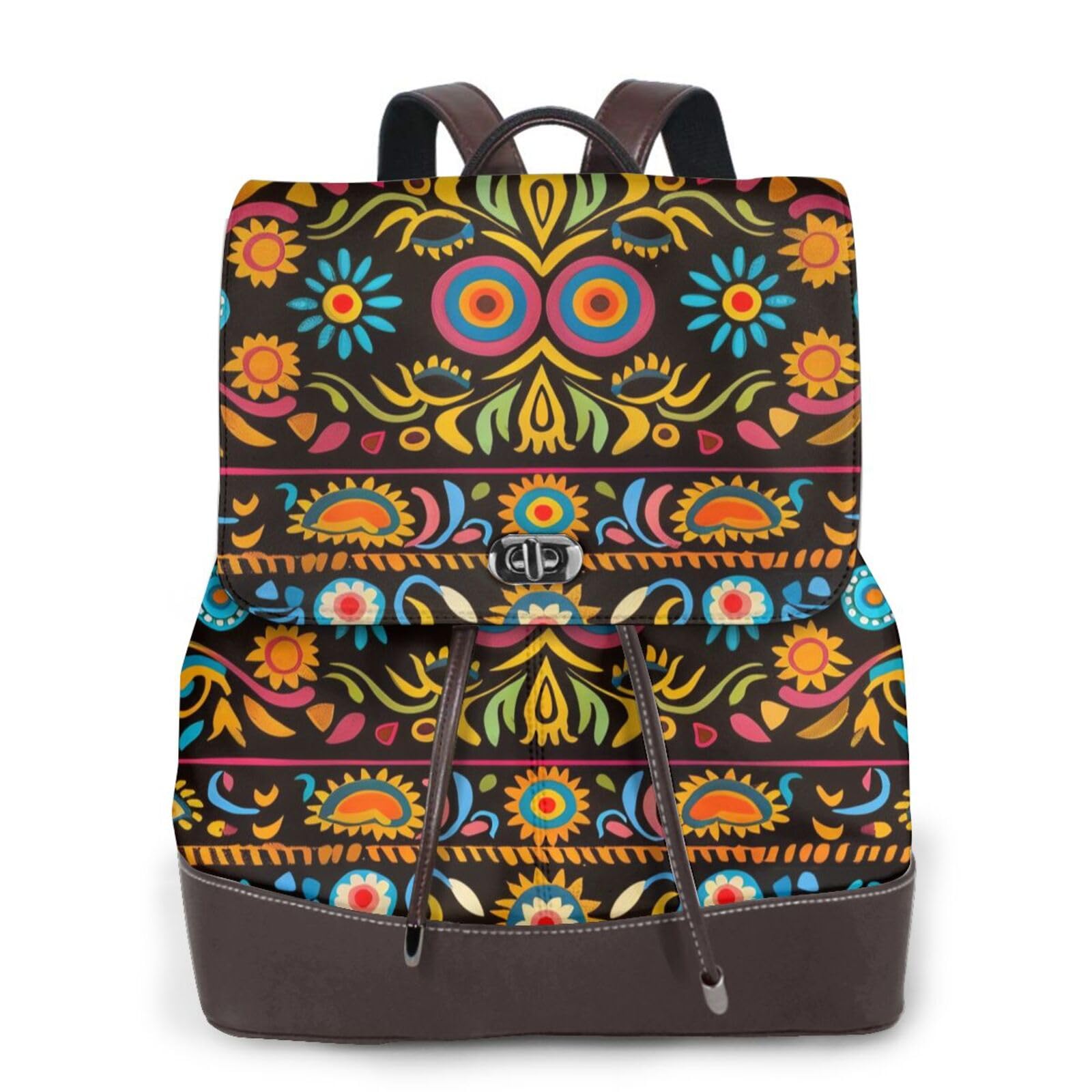 Wputy Women's Mexican Folk Art Boho Print Backpack Large Capacity Pu Leather Diaper Bag Casual Daypack For School Travel Work