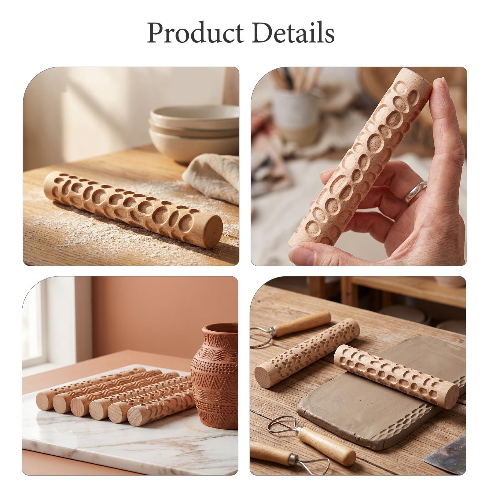 Kichvoe Set 10 Pezzi Mattarelli in Legno Manico per Argilla e Pasta Polimerica, Incisioni Naturali e Design a Bordo per Sessioni di Arte Familiare e Formazione Adulti