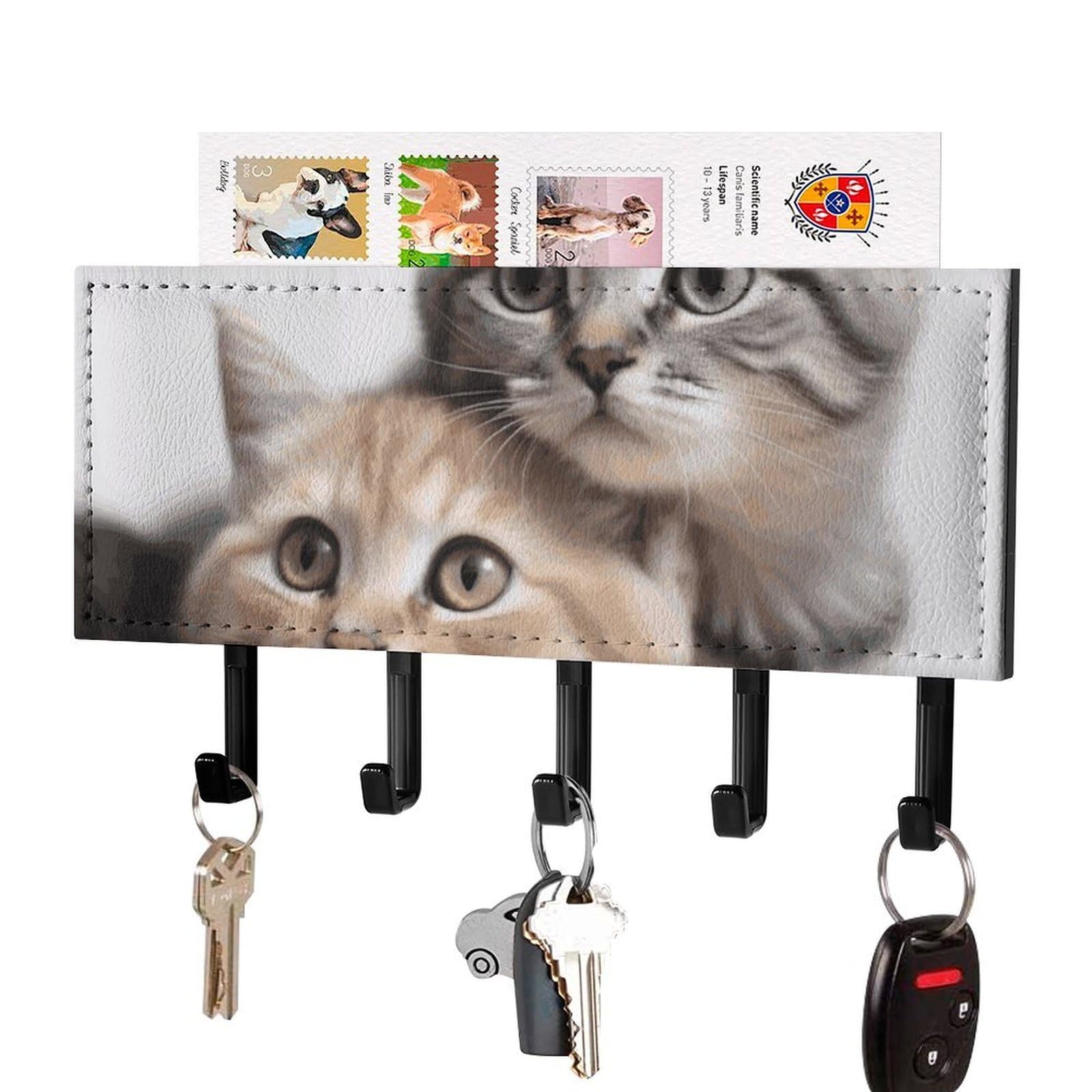 DWVTSLH Cats Key Holder for Wall, Decorative Key Hooks with Mail Organizer & 5 Hooks, Self Adhesive Leather Key Hanger for Entryway, Wall Mounted Key Rack (7.1” X 4.3” X 0.9”)