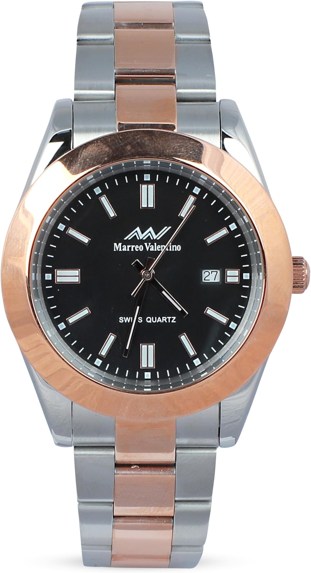 Marreo Valentino Men's Silver/Rosegold Wrist Watch with Black Dial, Index Numbers and Date