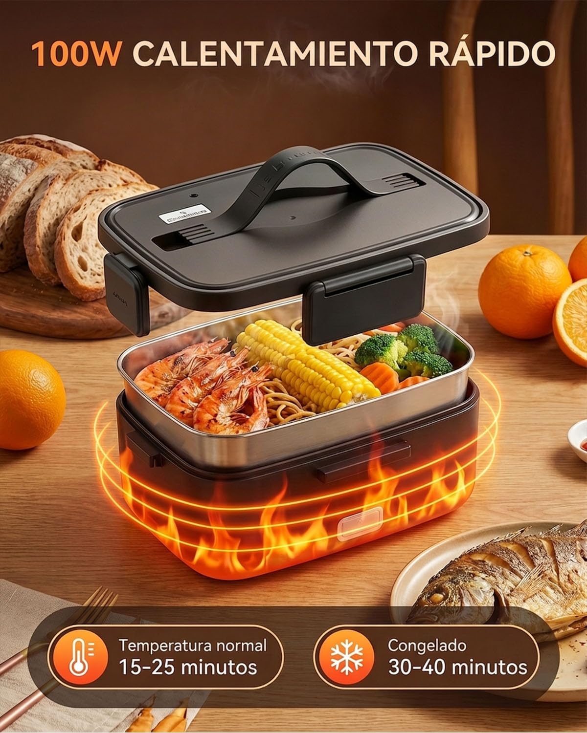 Fiambrera Eléctrica de 2 Litros, Compatible con 12V/24V/220V, Bandeja Extraíble de Acero Inoxidable, Incluye Recipiente para Frutas, Cubiertos y Esponja – Ideal para Coche, Camión, Oficina y Viajes