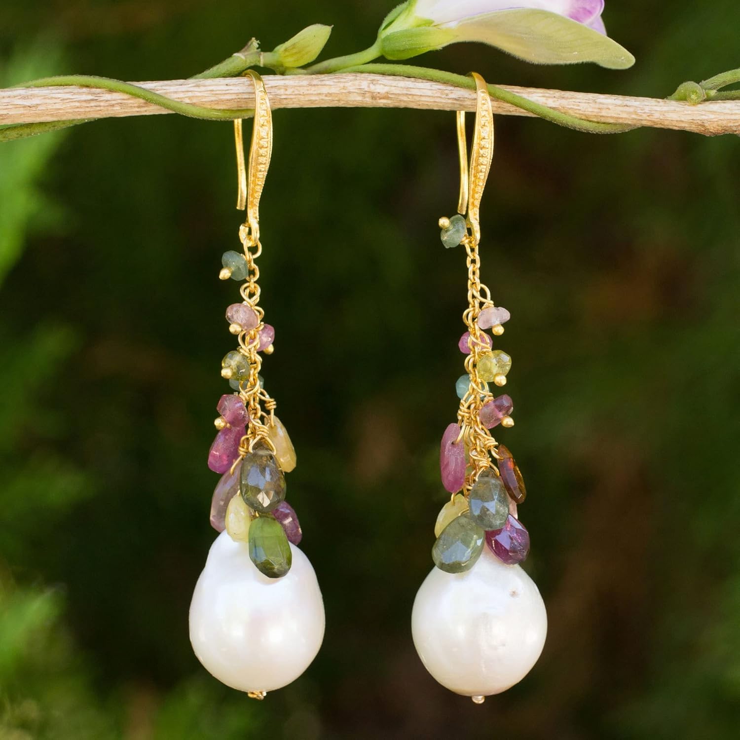 NOVICA Artisan Handmade Gold Plated Cultured Pearl Tourmaline Earrings Multicolor Pearls on White Dangle Thailand Birthstone [2.5 in L x 0.6 in W] ' Thai Vineyard'