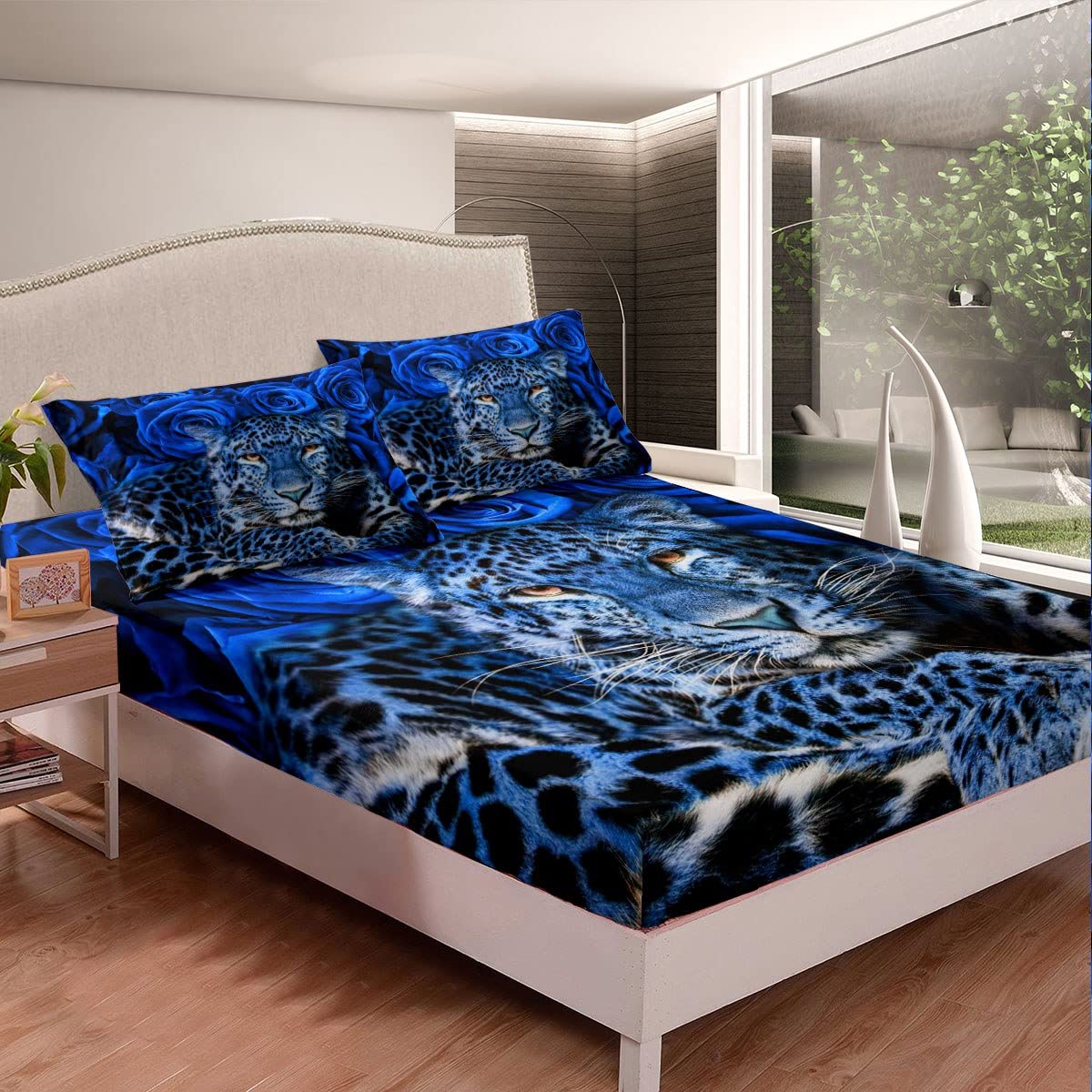 Leopard Bedding Set Safari Cheetah Print Fitted Sheet for Kids Boys Girls Teens Wild Animal Bed Sheet Set Breathable Blue Rose Print Bed Cover Room Decor Twin Size