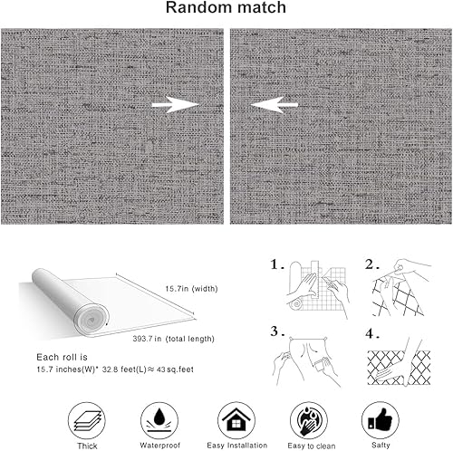 Miniatura 4 de Akywall Papel tapiz de tela de lino de 393.7 pulgadas, papel de contacto con textura impermeable, autoadhesivo en rollo de vinilo sólido extraíble
