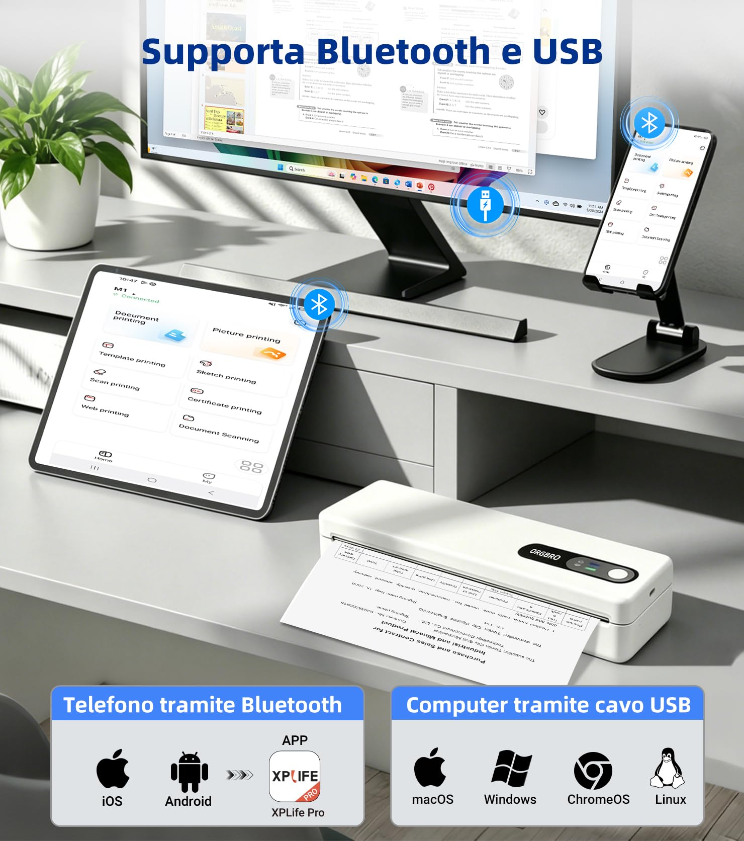 ORGBRO M1 Stampante Portatile A4 Termica Senza Inchiostro Bluetooth