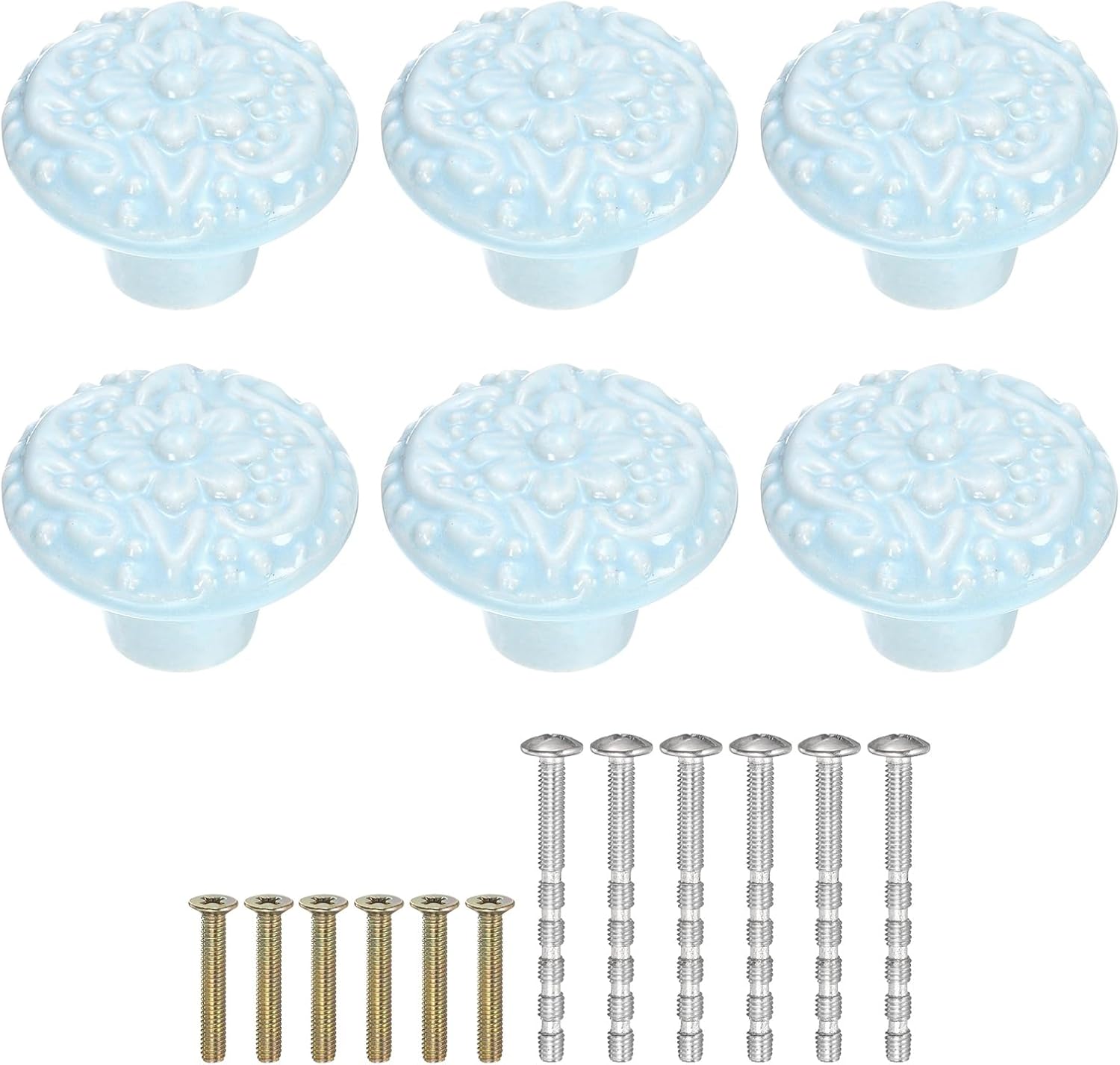 uxcell 6Pcs Ceramic Knobs, 34mm/1.34" Flower Pattern Mushroom Knob Drawer Pull Handle Vintage Wardrobe Knobs with Screws for Vanity Bedroom Furniture Closet, Light Blue