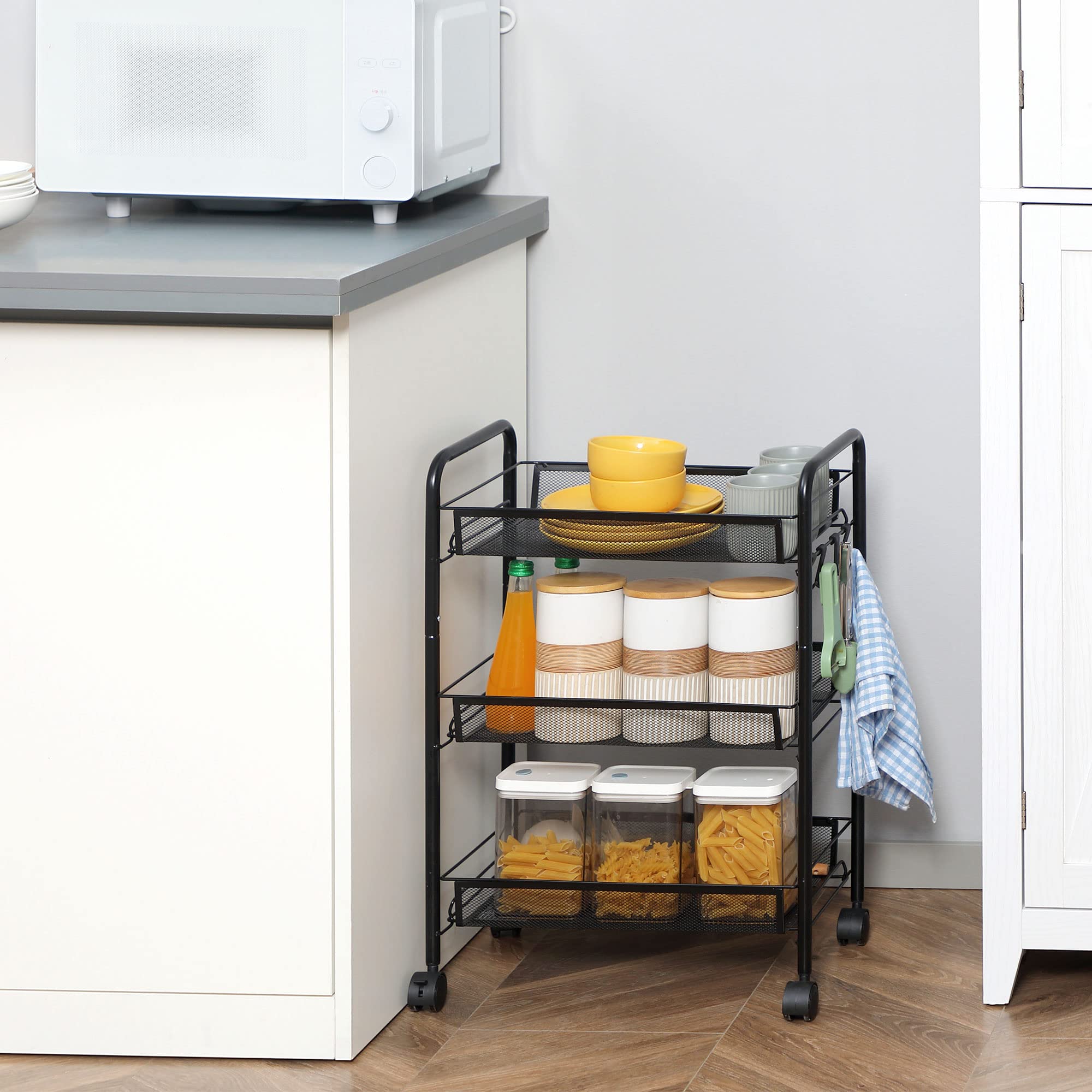 HOMCOM Carrello da Cucina a 3 Livelli con Cesti Removibili e 4 Ruote, in Acciaio e Plastica PP, 45Lx26.5x63cm, Nero