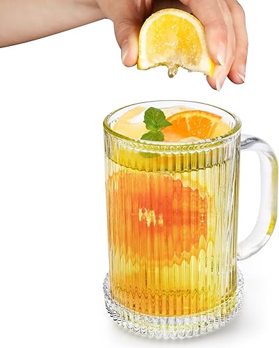 Miniatura 5 de Noamus Paquete de 2 tazas de café con tapa de vidrio, taza de té de rayas verticales clásicas transparentes de 13 onzas, juego de cristalería