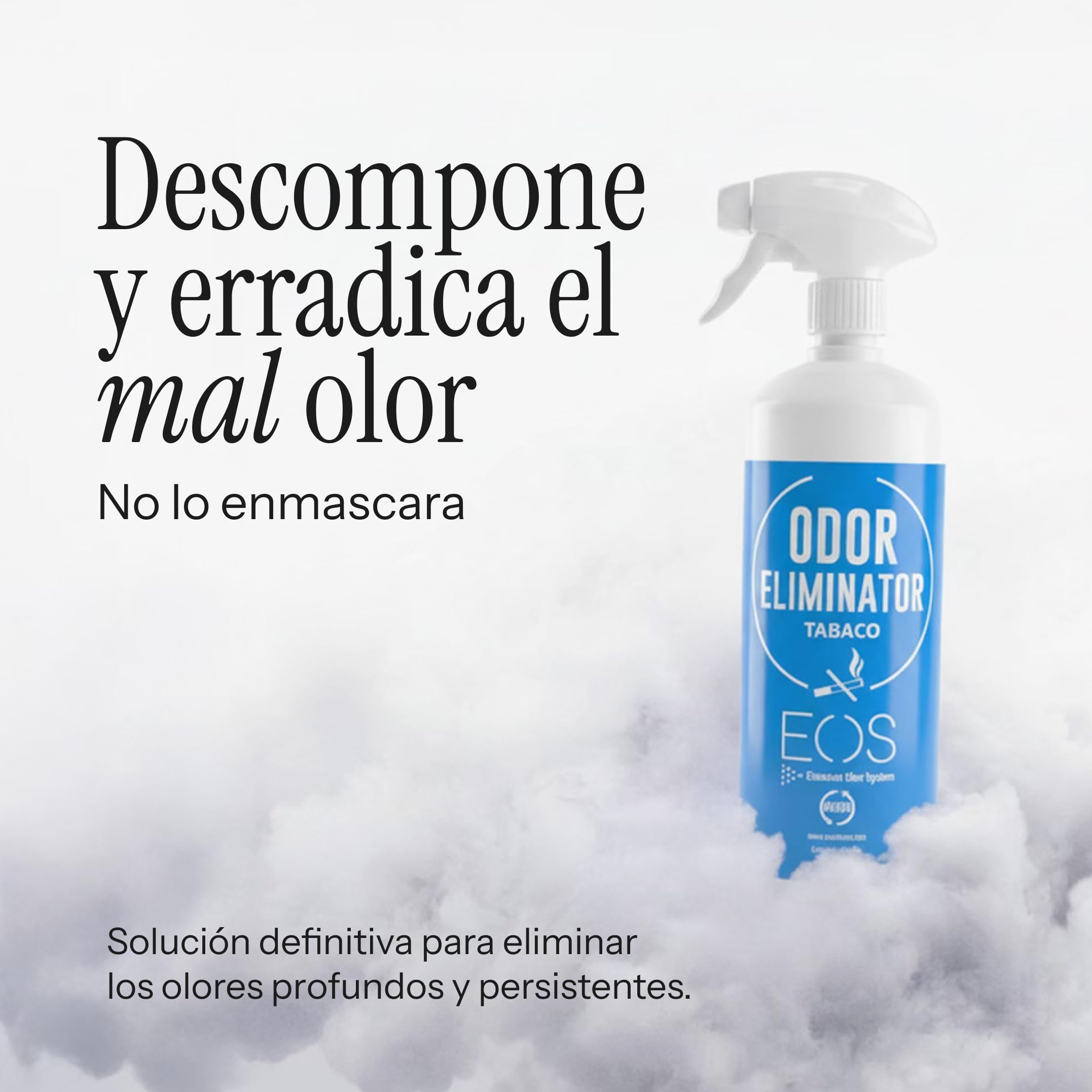 EOS - Eliminador de olores en spray, potente neutralizador de olores especializado para quitar malos olores en tejidos. Ambientador potente ideal para el hogar, muebles, bares, restaurante, coches