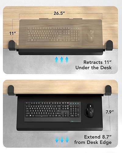 Miniatura 6 de HUANUO Bandeja para teclado debajo del escritorio, soporte para teclado con hardware de abrazadera en C, 26.5  W x 11.8  D Deslizable para teclado
