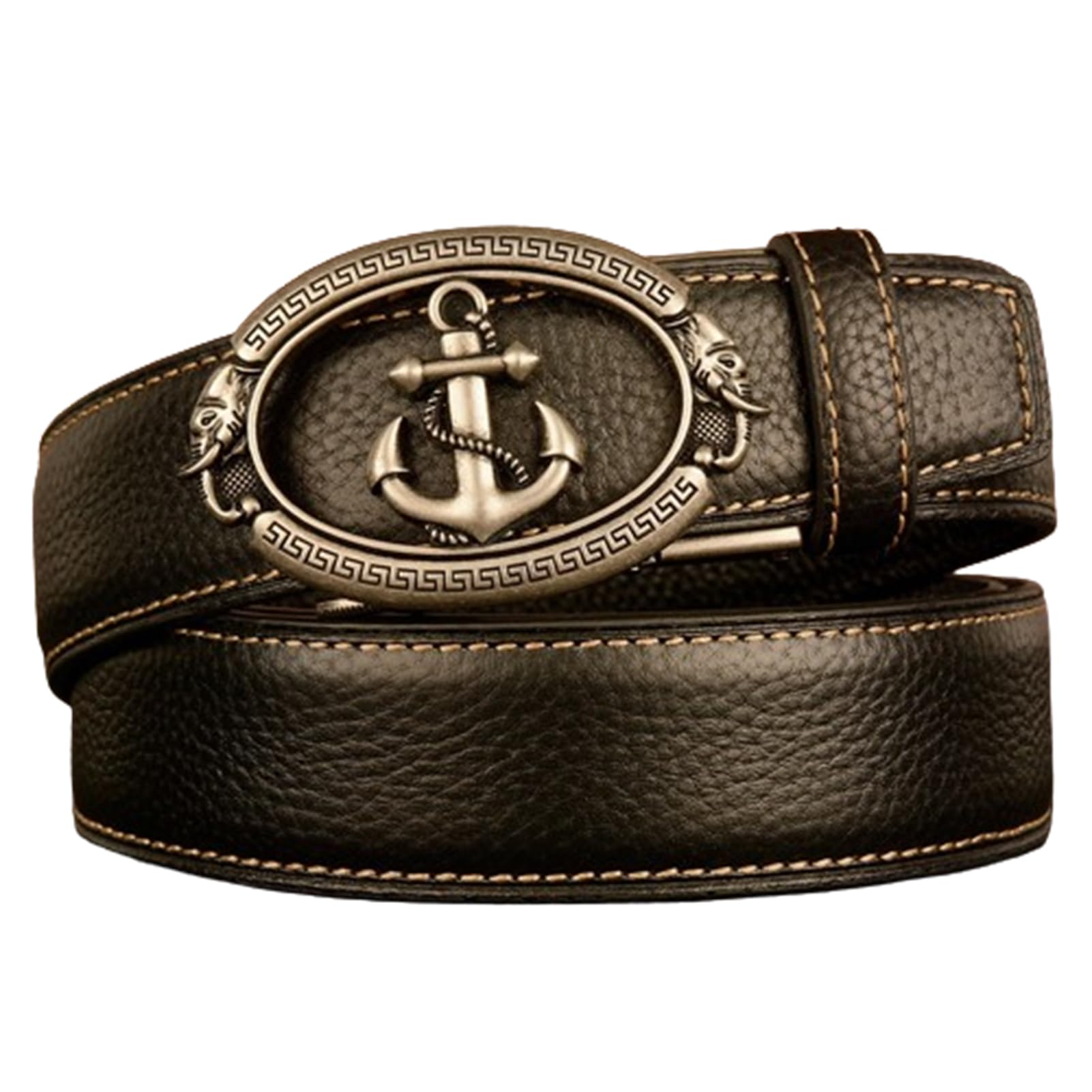 Agutalithic Men's Silver Ratchet Belt For Automatic Quilted Strap With Easier Slide Buckle Engraved Hollow Anchor Double Elephant Head(130Cm/51, )