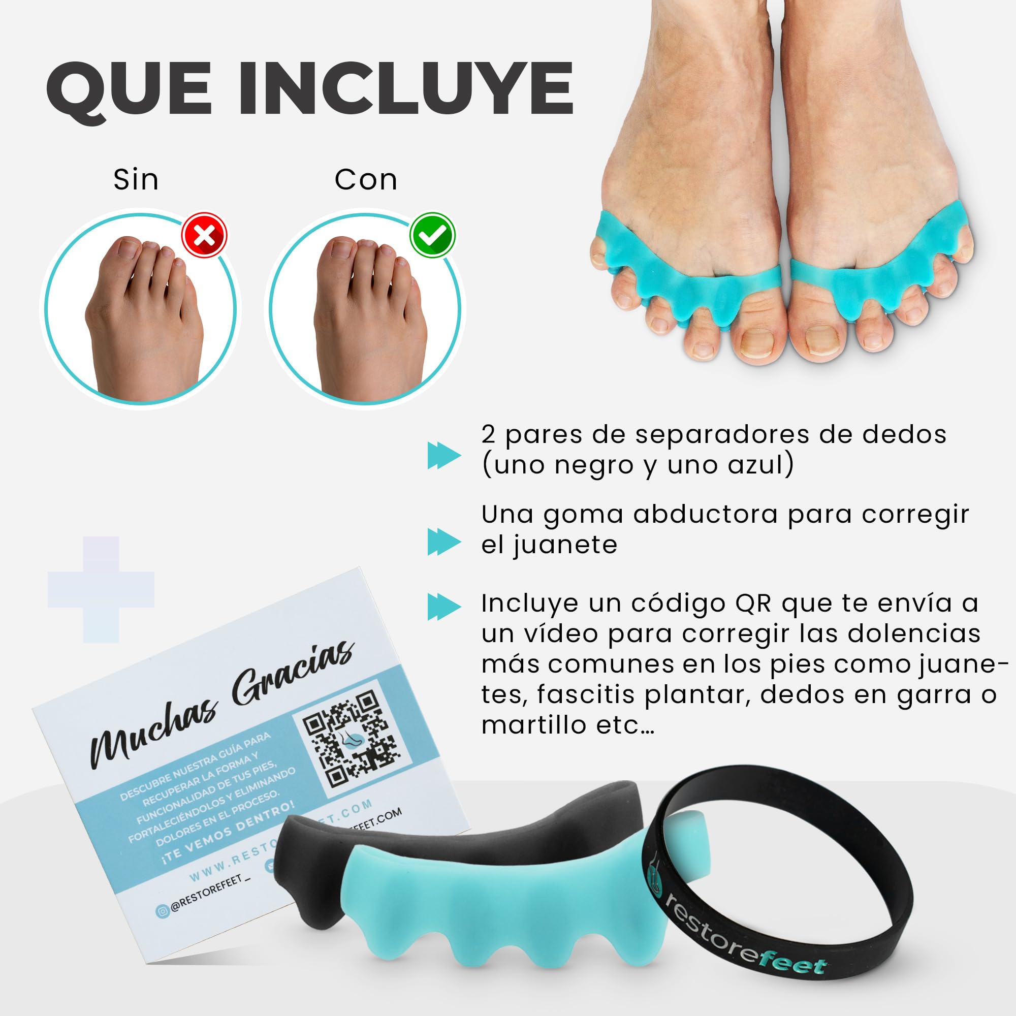 RestoreFeet Separadores de Dedos de los Pies, 2 pares + Banda Anti-Juanetes para Enderezar Dedos Torcidos, 0% BPA